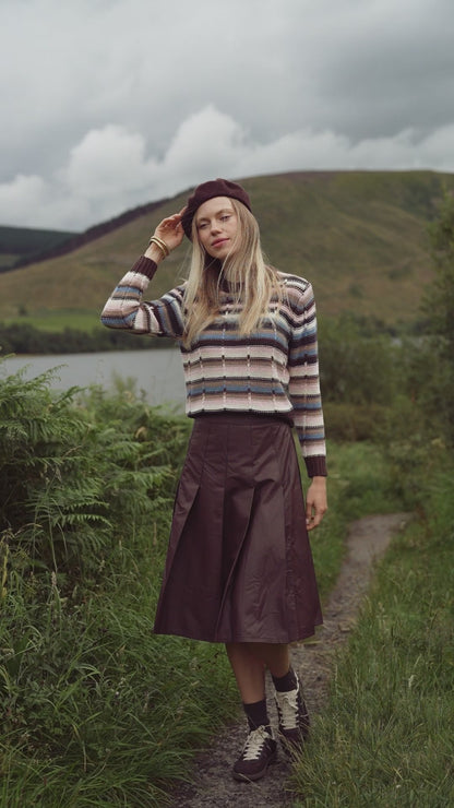 Faux Leather Stitch Down Pleated Skirt-Brown