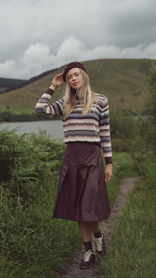 Faux Leather Stitch Down Pleated Skirt-Brown