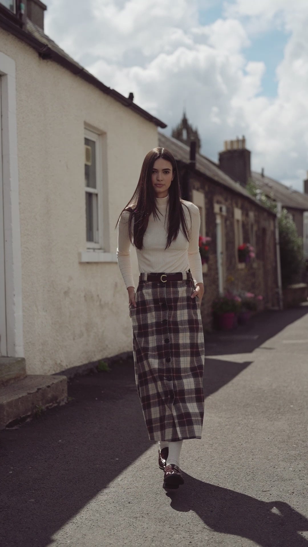 Plaid Button Down A-Line Skirt-Ivory/Tan/Brown