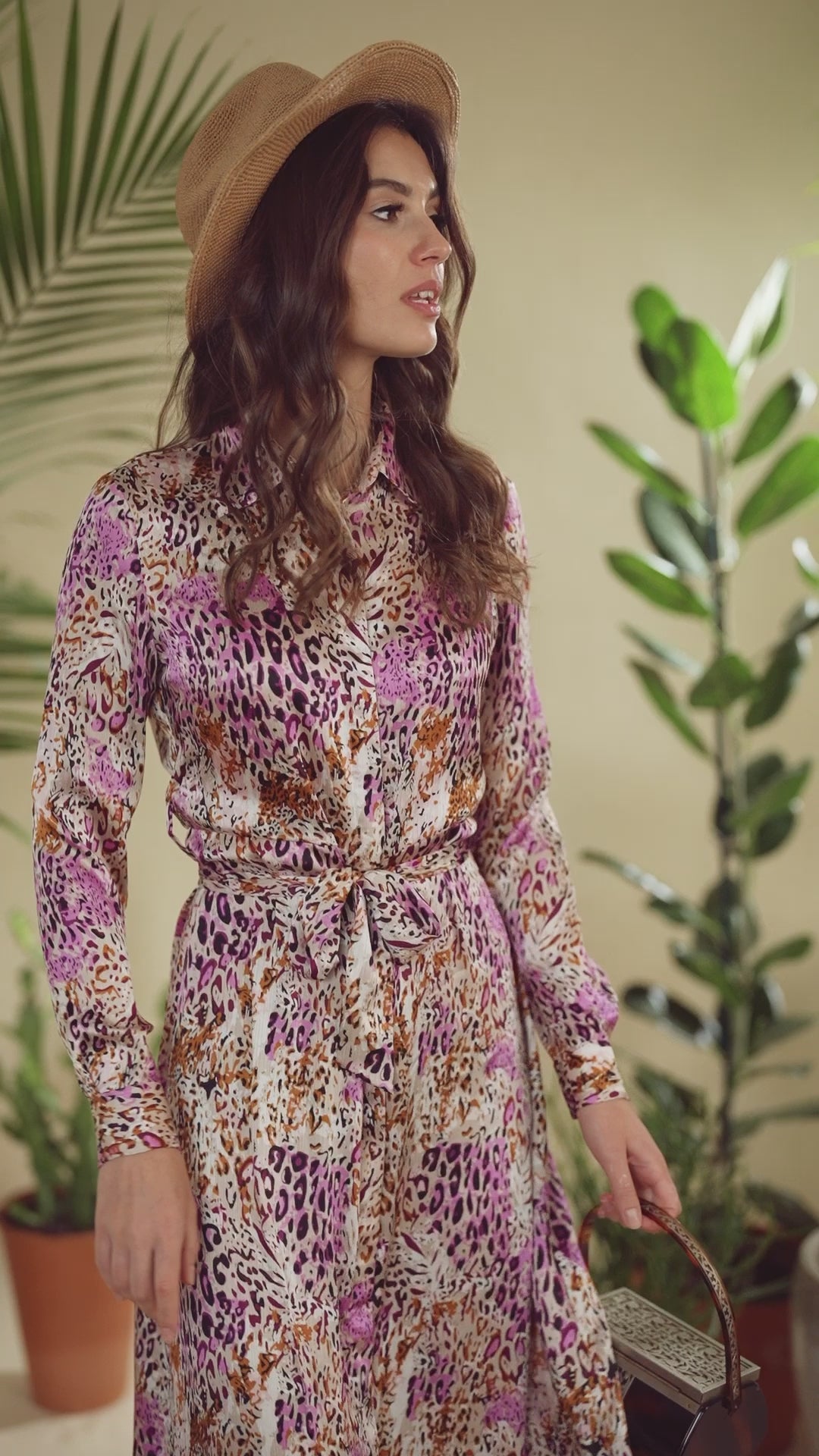 Vestido evasé básico con cinturón-Leopardo rosa