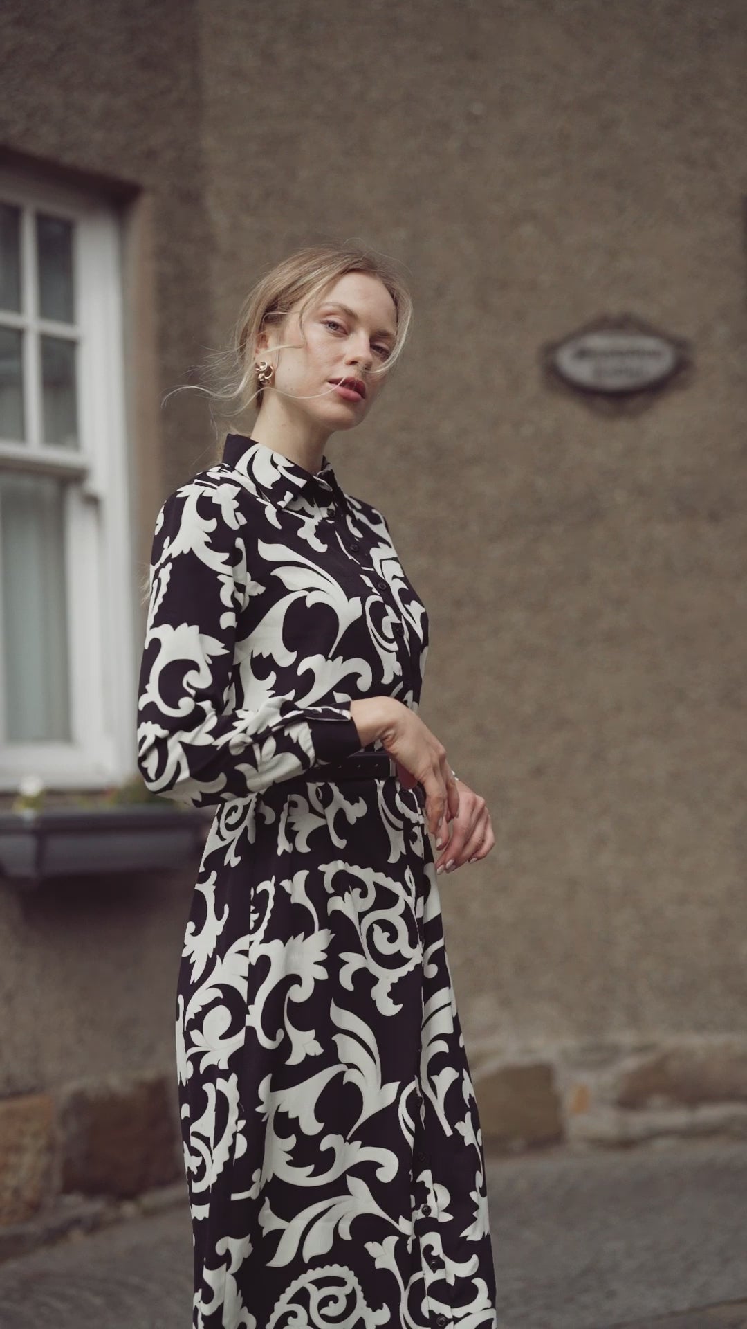 Long Button Down Shirtdress-Black/White Floral