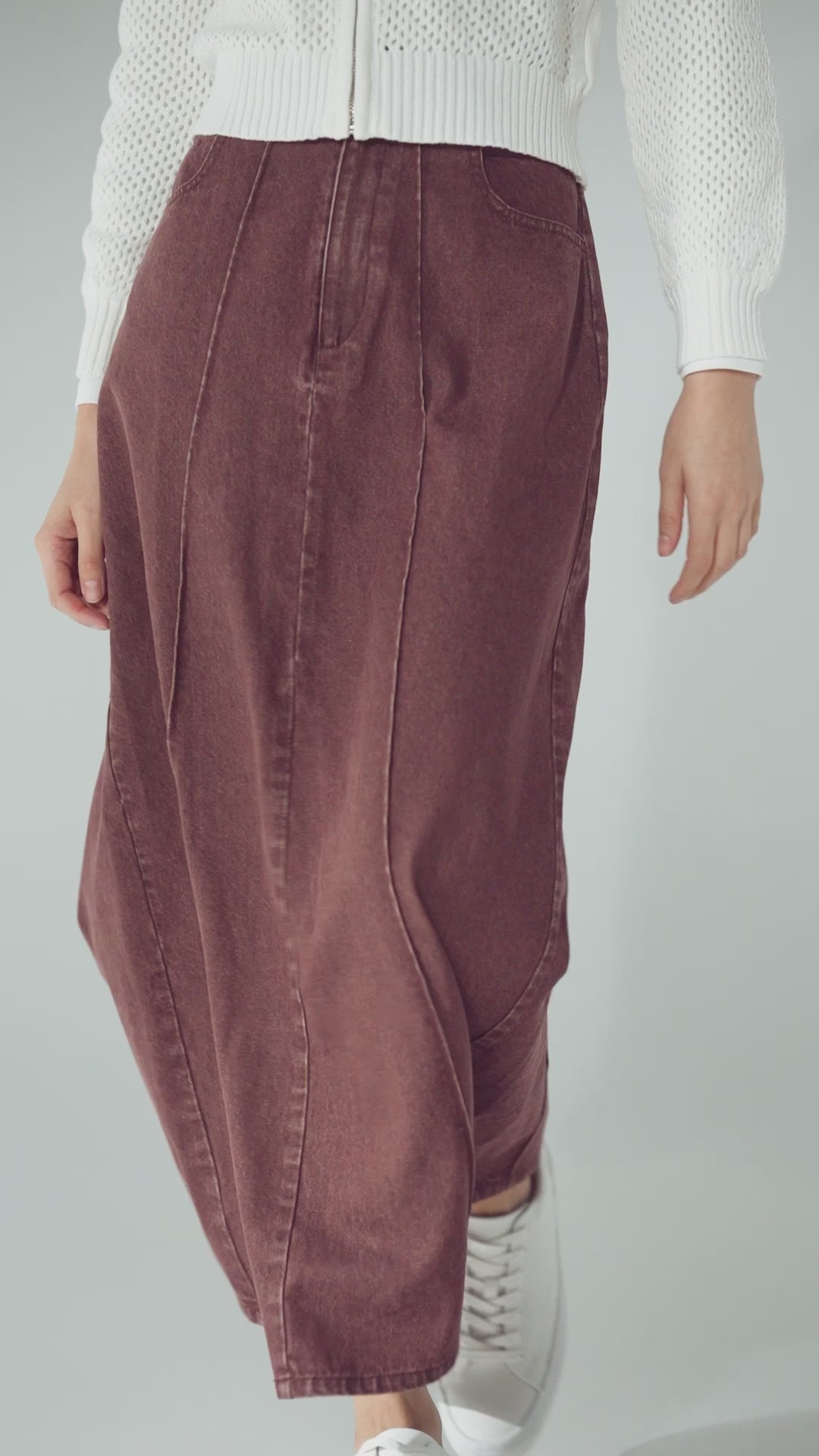 Denim Seamed Skirt-Burgundy