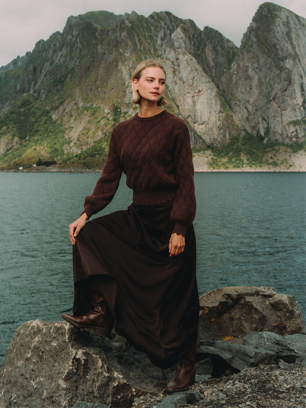 Curved Yoke Faux Satin Skirt - Brown