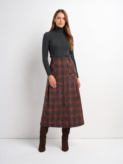 Pocket Detail Pleat Skirt - Grey/Rust Plaid