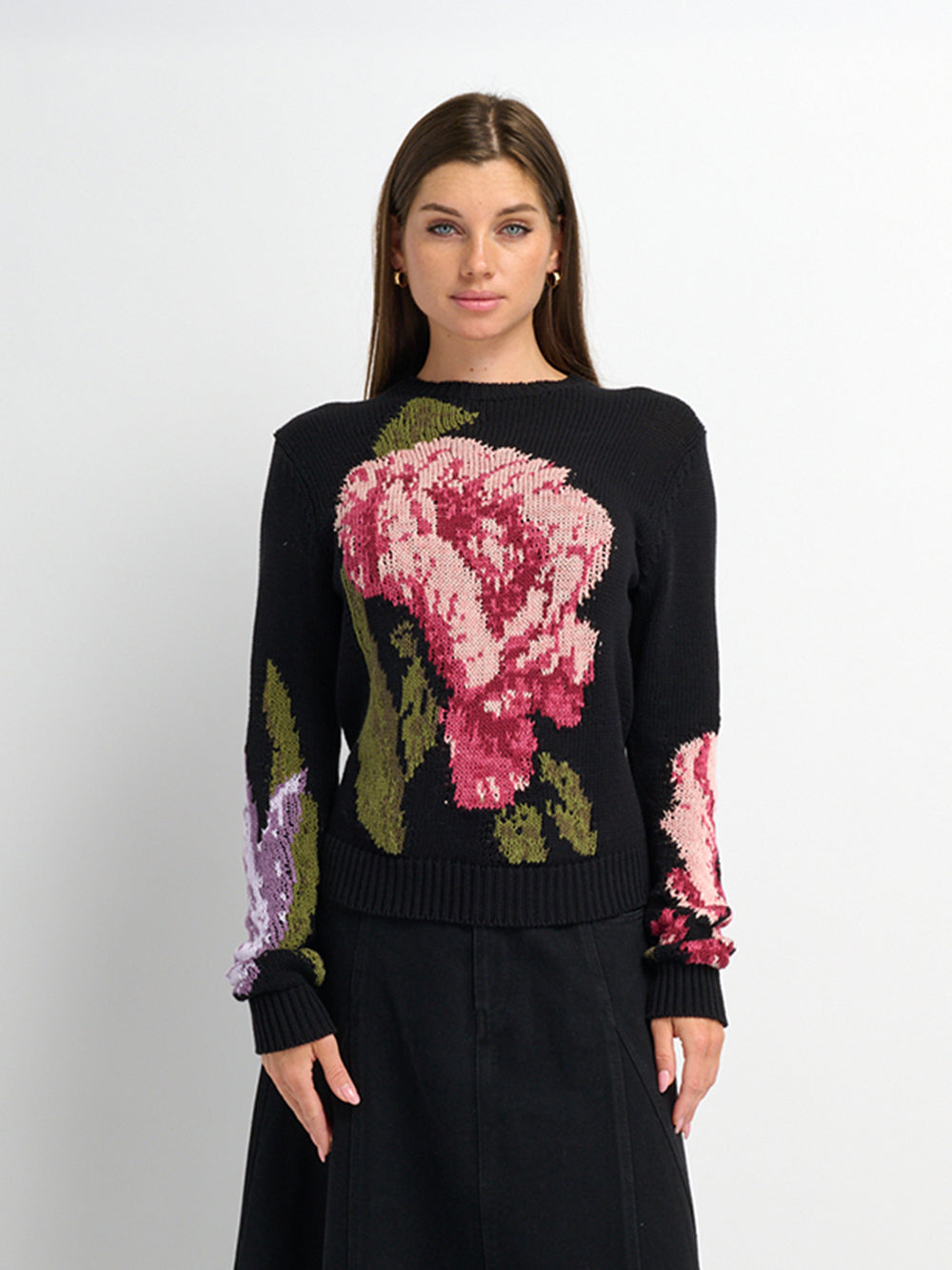 Loose Knit Flower Sweater - Black/Pink