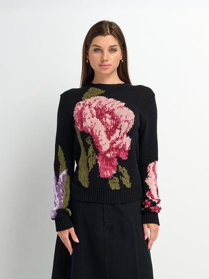 Loose Knit Flower Sweater - Black/Pink