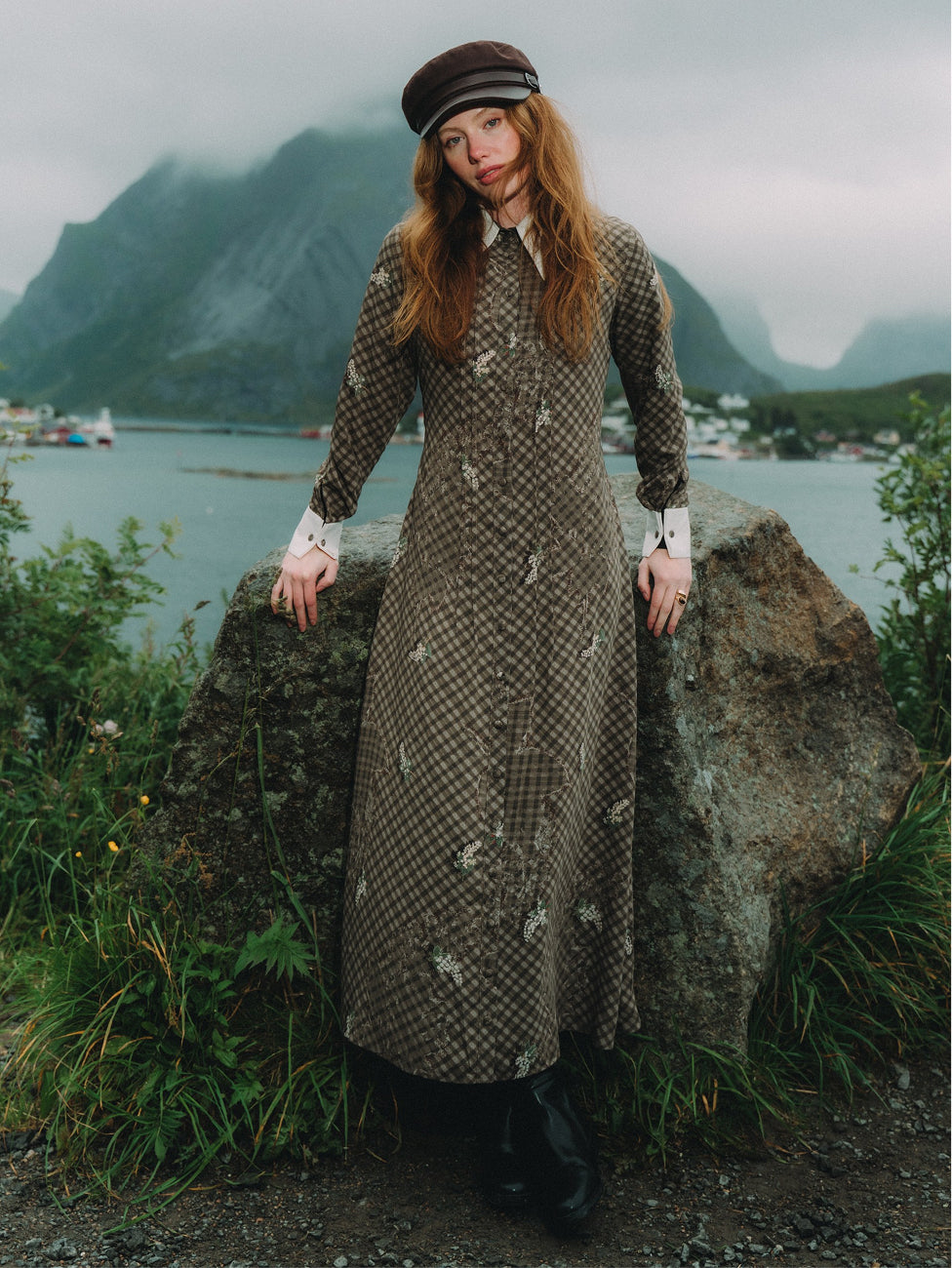 Collared Ruched Back Long Sleeve Shirtdress - Plaid Floral