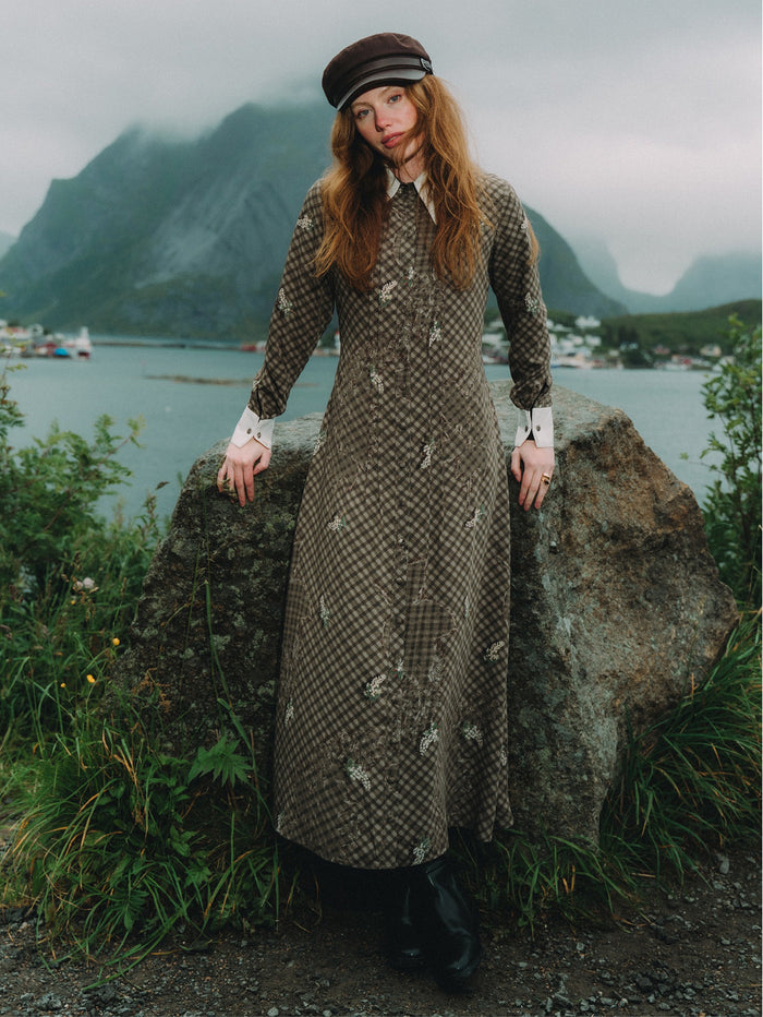 Collared Ruched Back Long Sleeve Shirtdress - Plaid Floral