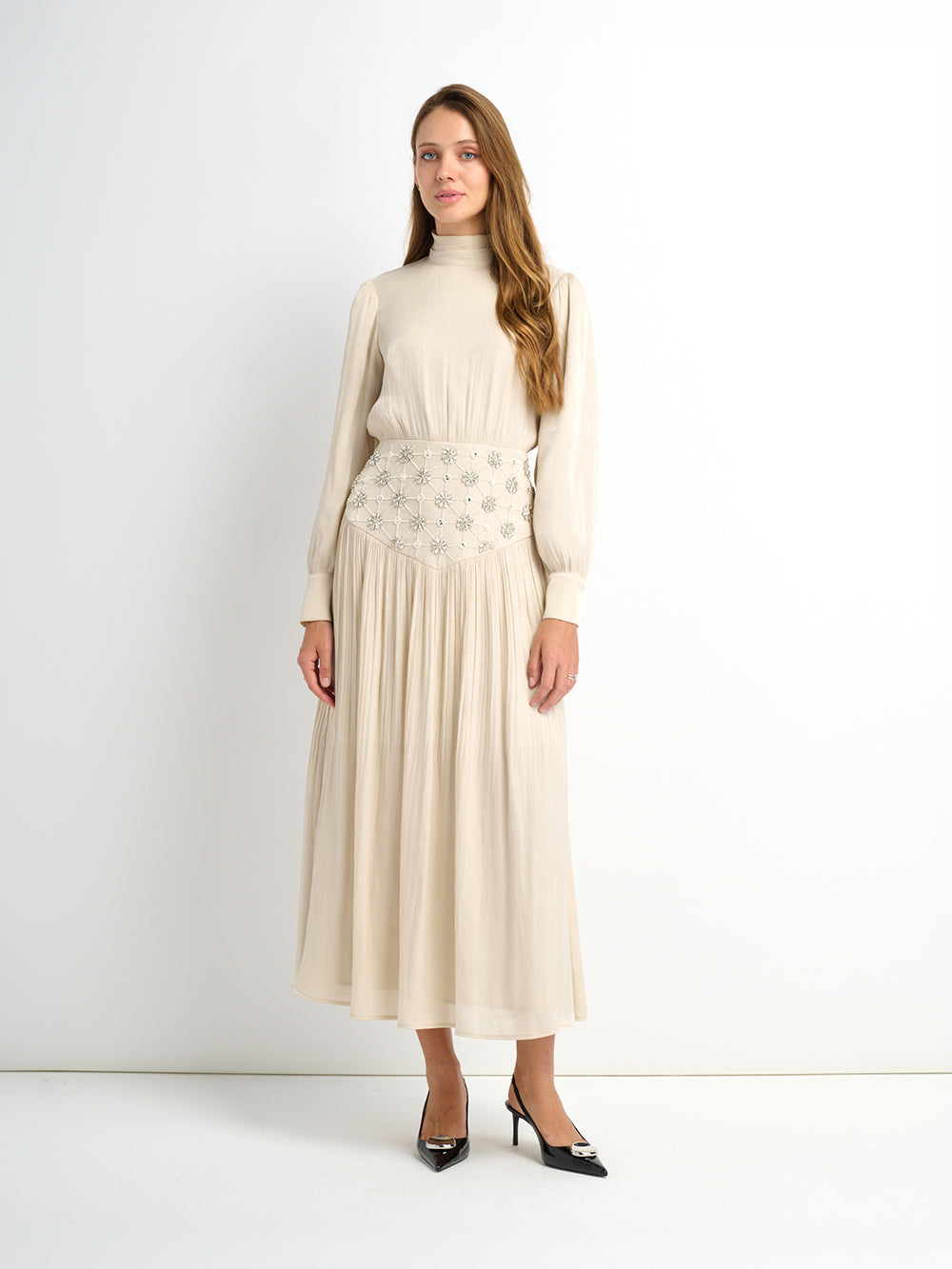 Embellished Yoke Dress - Cream