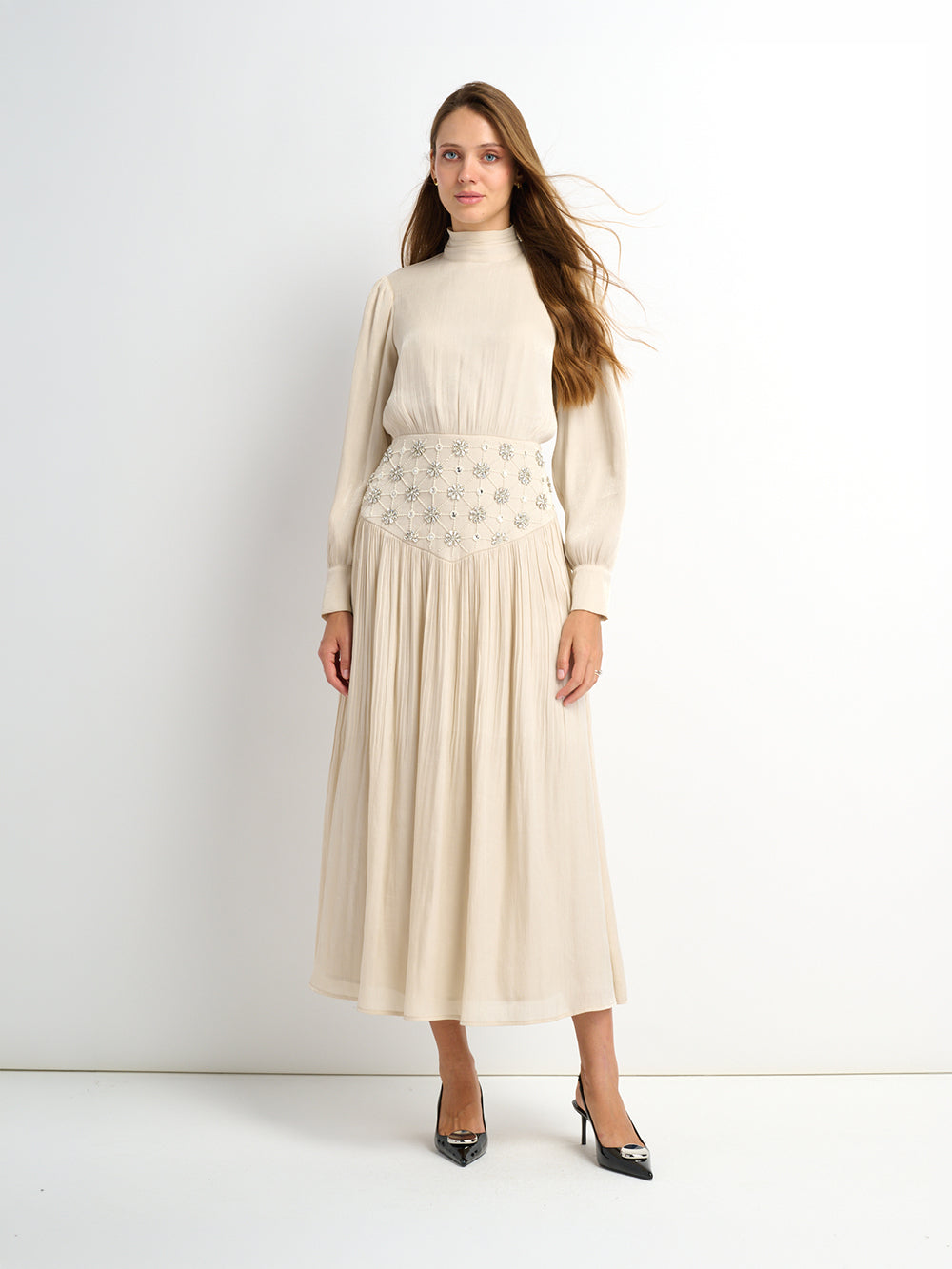 Embellished Yoke Dress - Cream