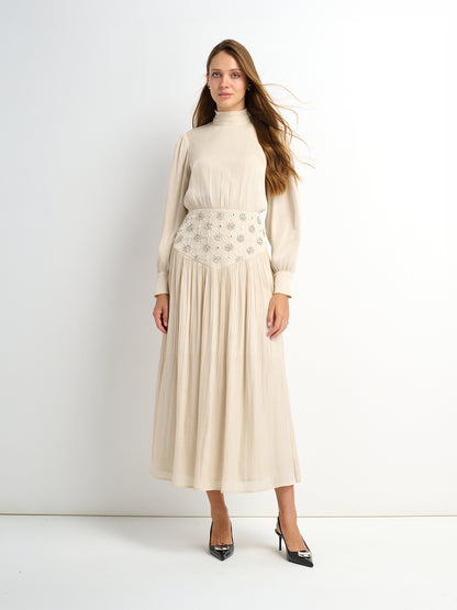 Embellished Yoke Dress - Cream