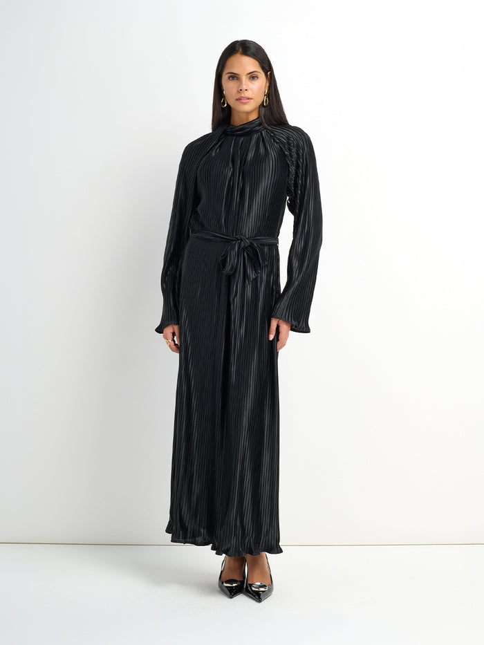 Accordian Pleat Maxi Shift Dress - Black