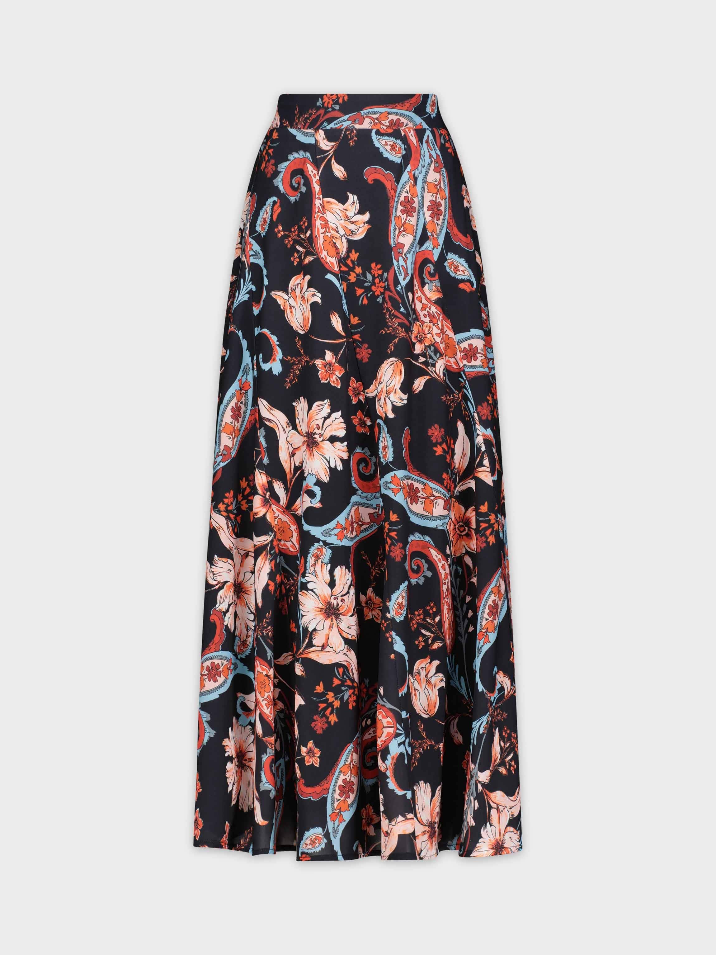 FULL SATIN SKIRT-BLACK FLORAL