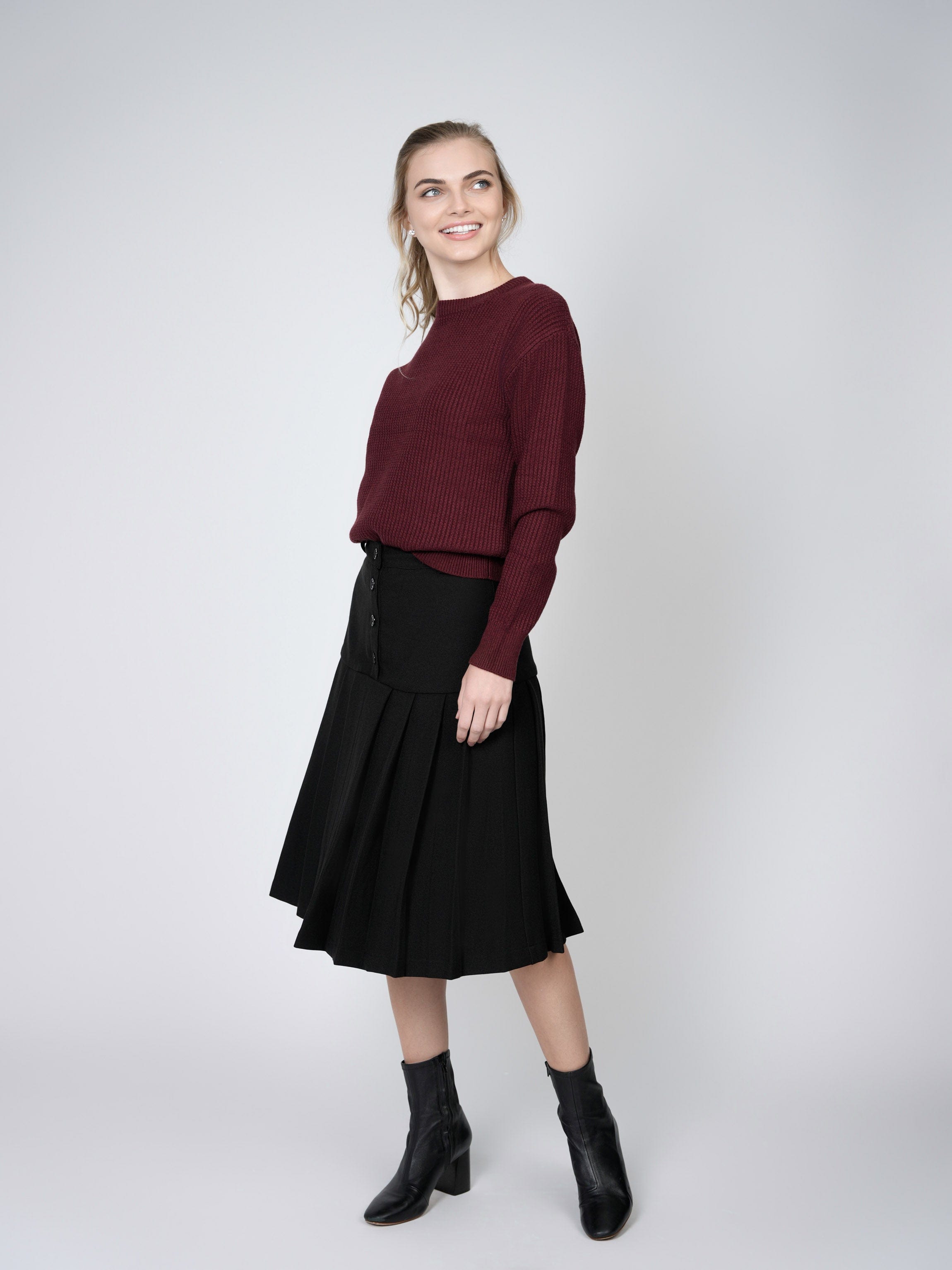 SOLID WAFFLE KNIT TOP-BURGUNDY