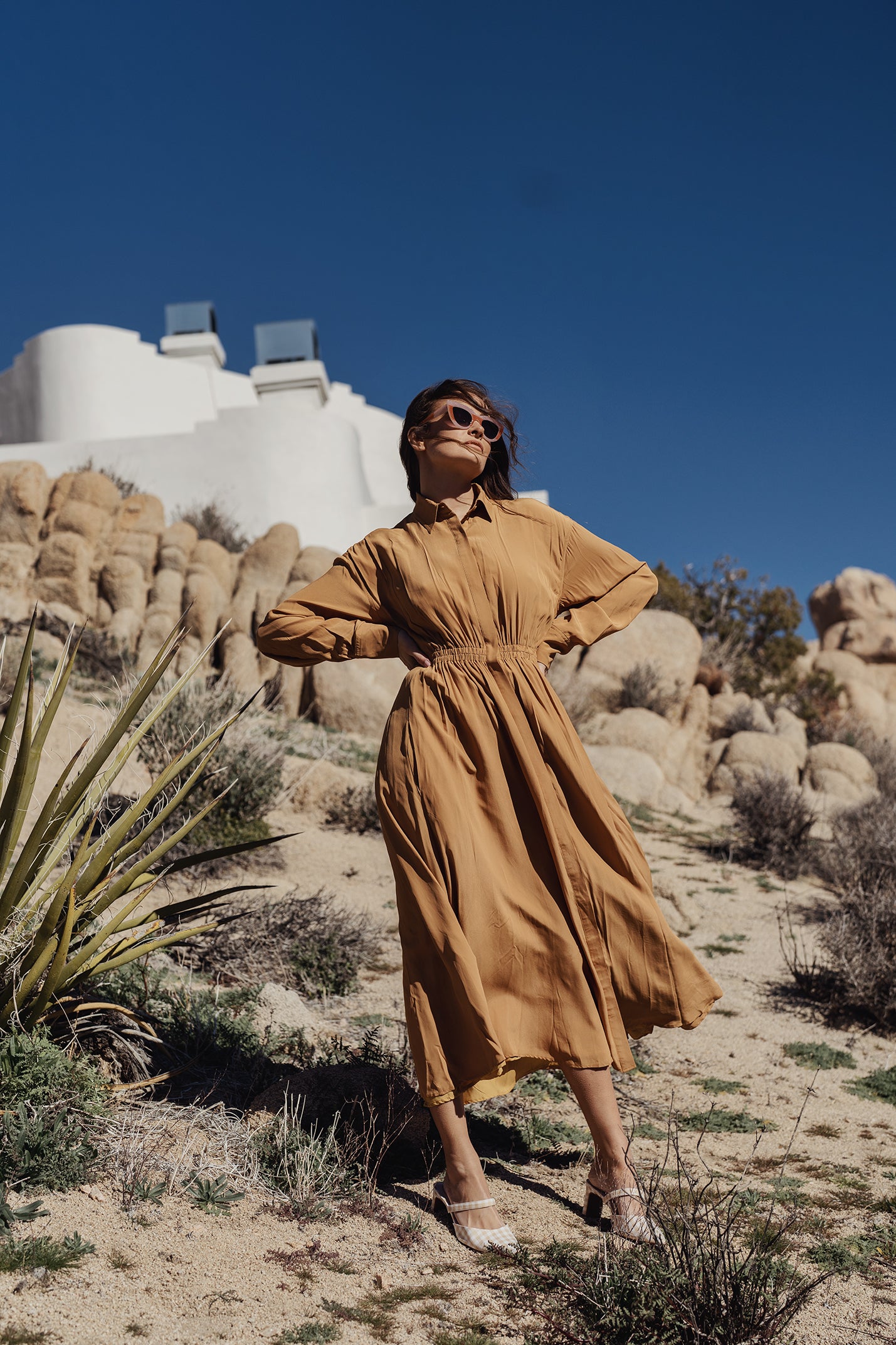 VESTIDO CAMISA CINTURA ELÁSTICA-CARAMELO