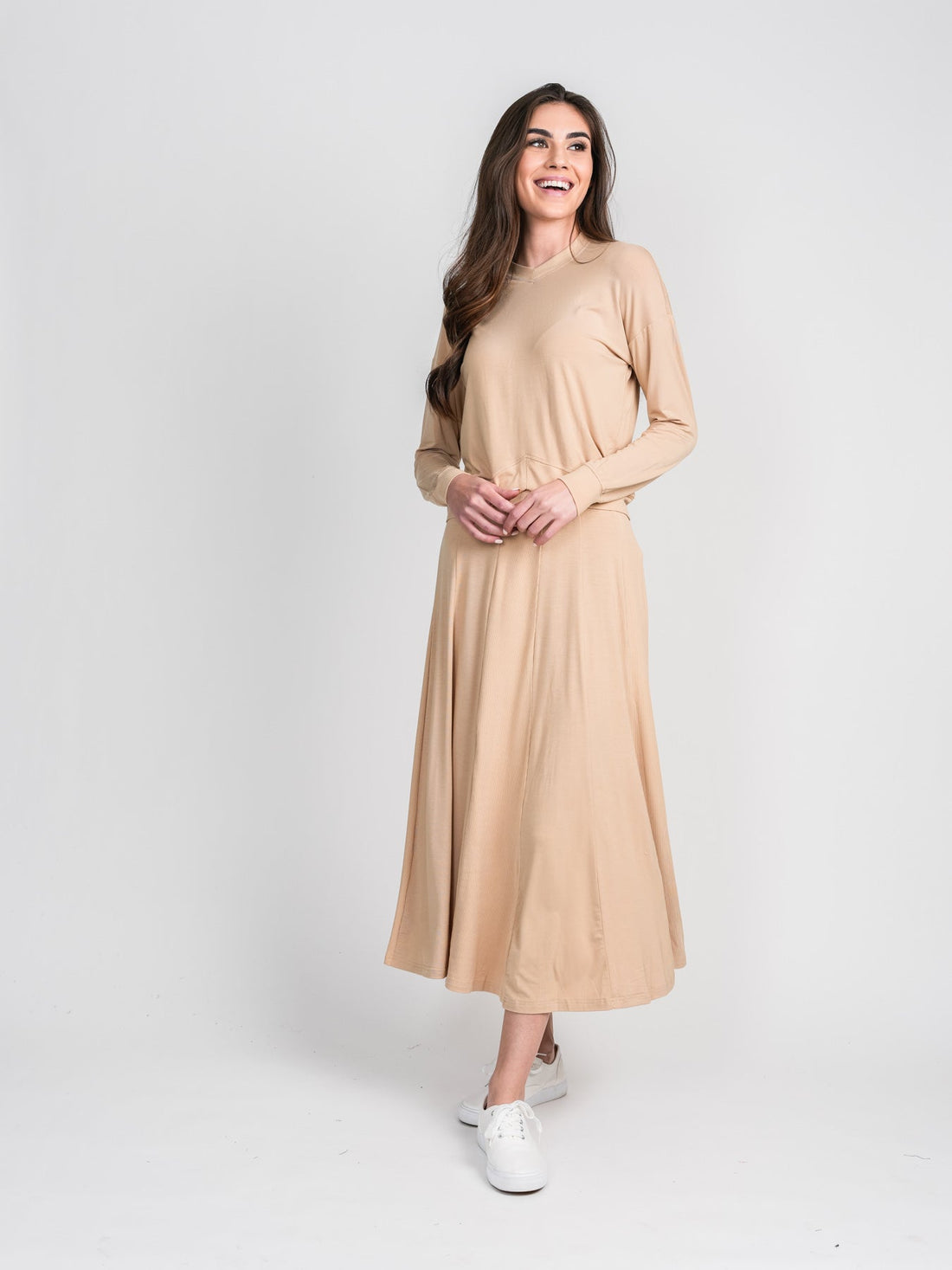 RIBBED PANELLED SKIRT 33&quot;-TAN