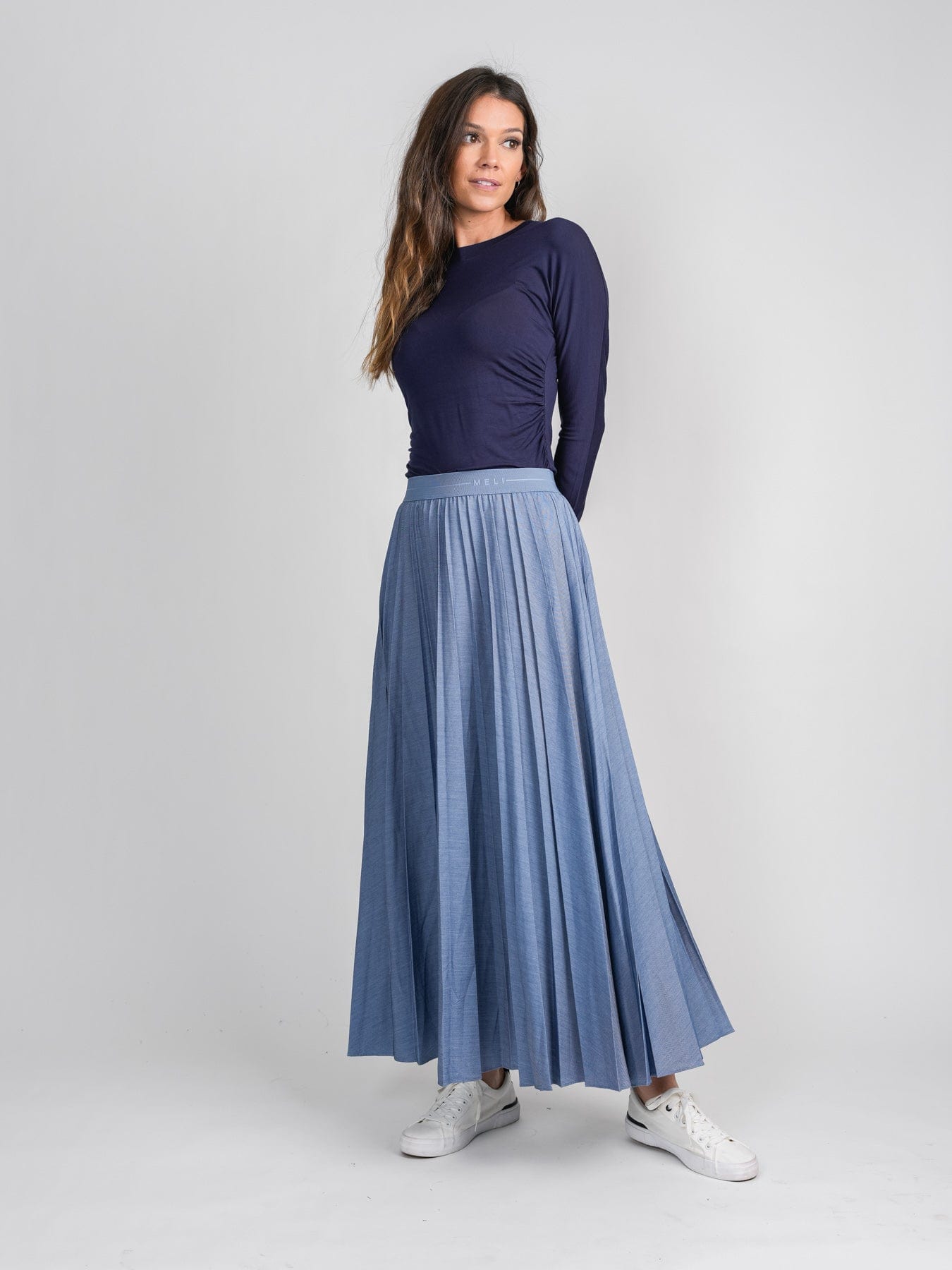 PLEATED SKIRT 37&quot;-LIGHT DENIM