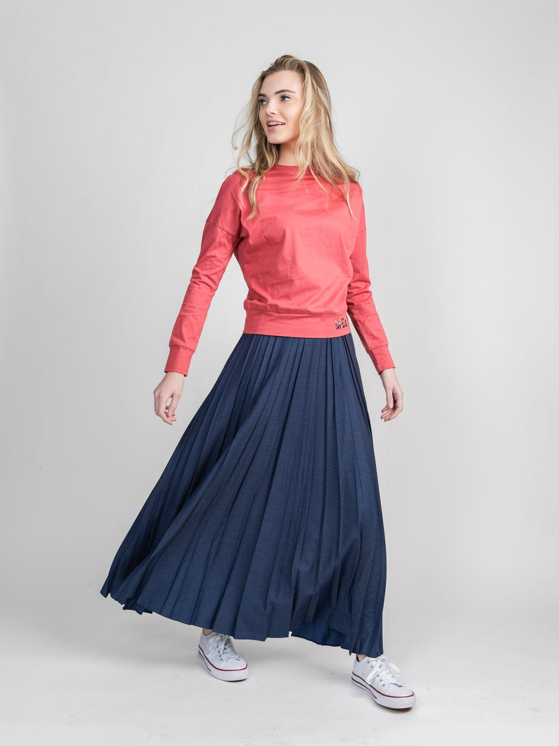 PLEATED SKIRT 37&quot;-DARK DENIM