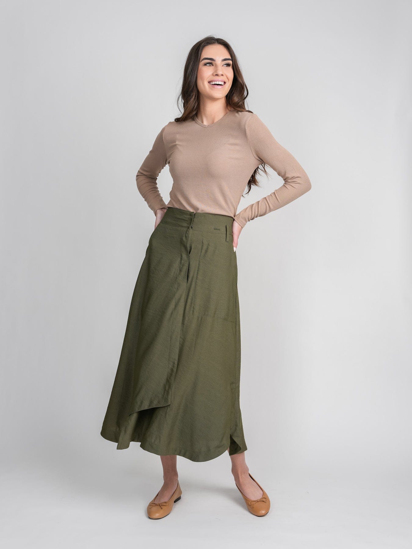 FAUX WRAP SKIRT-OLIVE