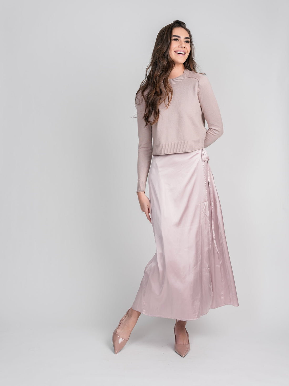 SATIN WRAP SKIRT-PINK