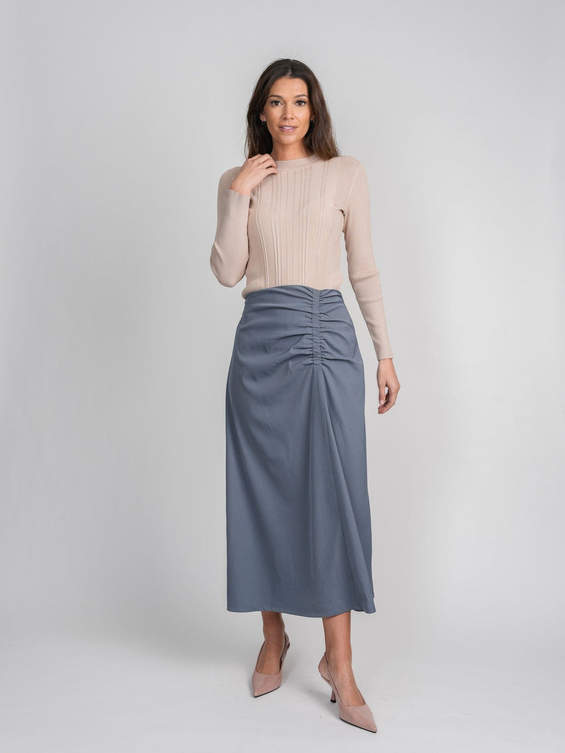 SIDE RUCHED SKIRT-BLUE