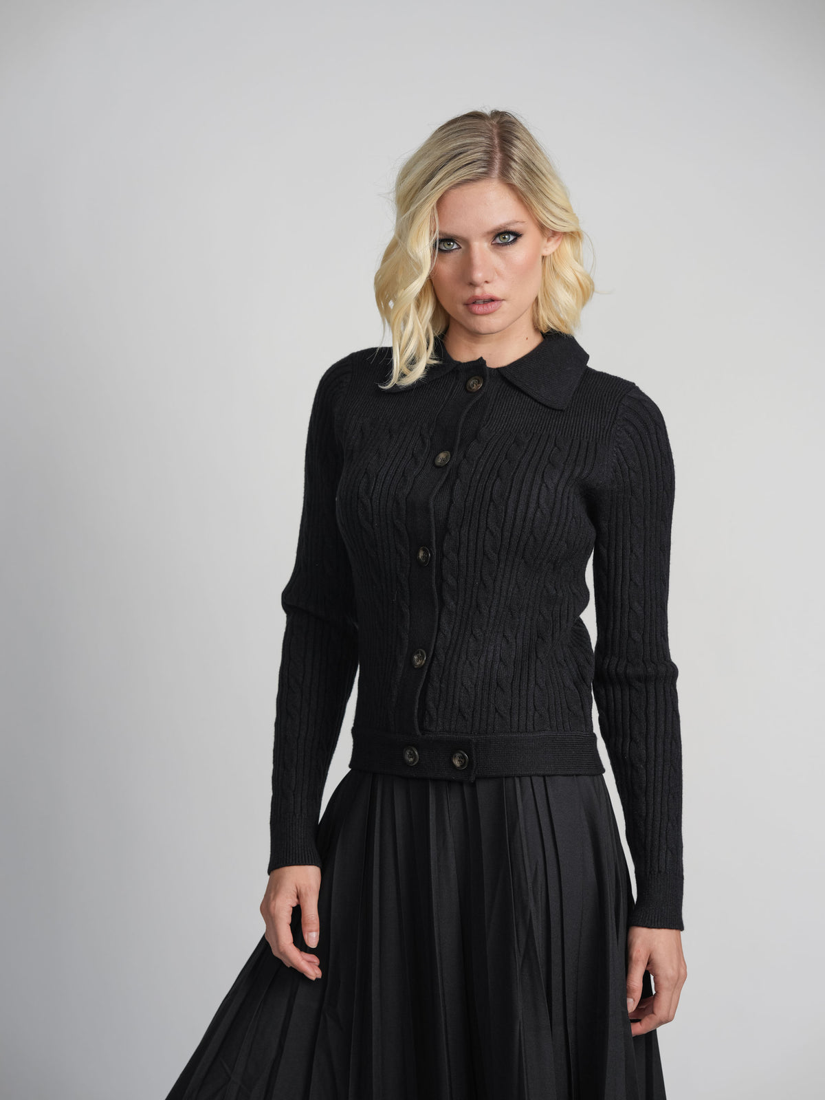 CABLE BANDED SWEATER-BLACK