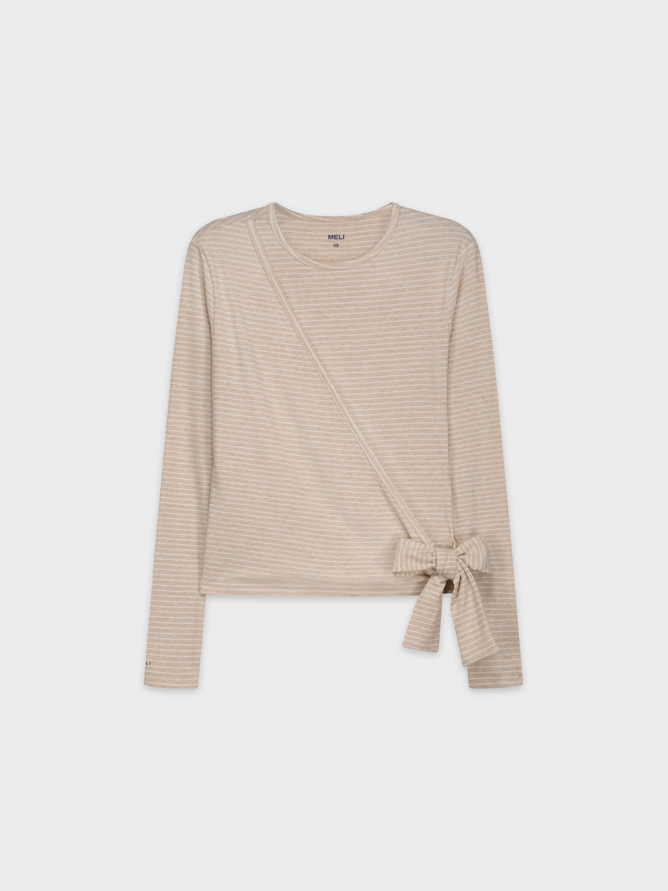 STRIPED WRAP TEE-HEATHERED TAN/WHITE