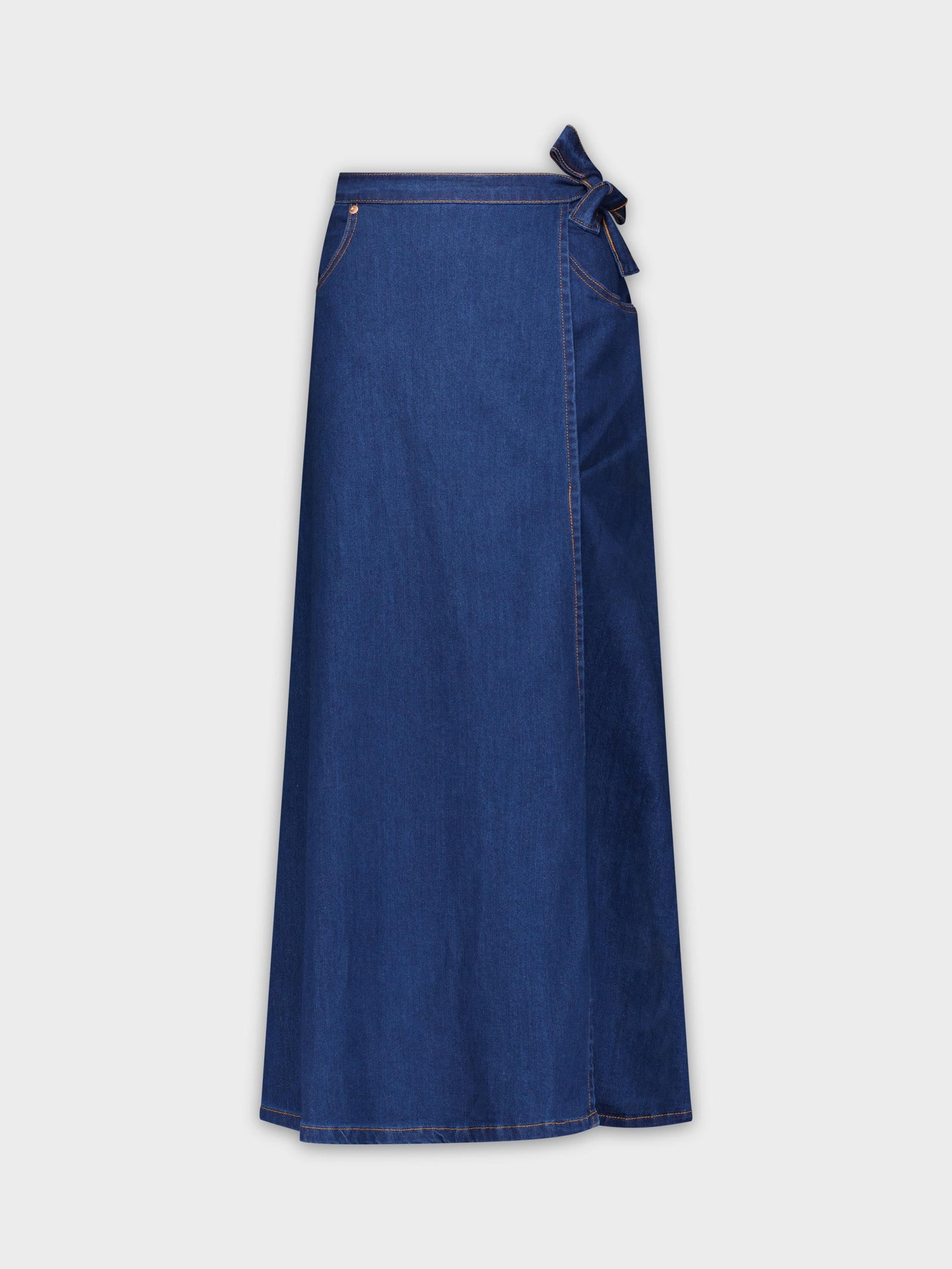 STRETCH DENIM WRAP SKIRT-DARK BLUE