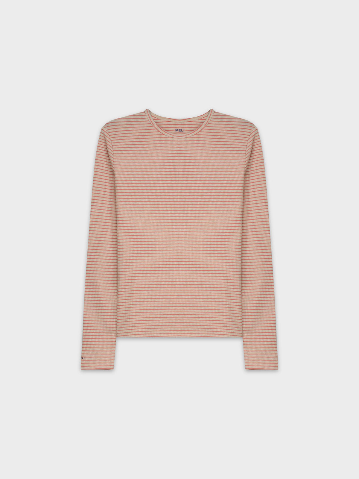 RIBBED STRIPED CREW-HEATHERED TAN/CORAL