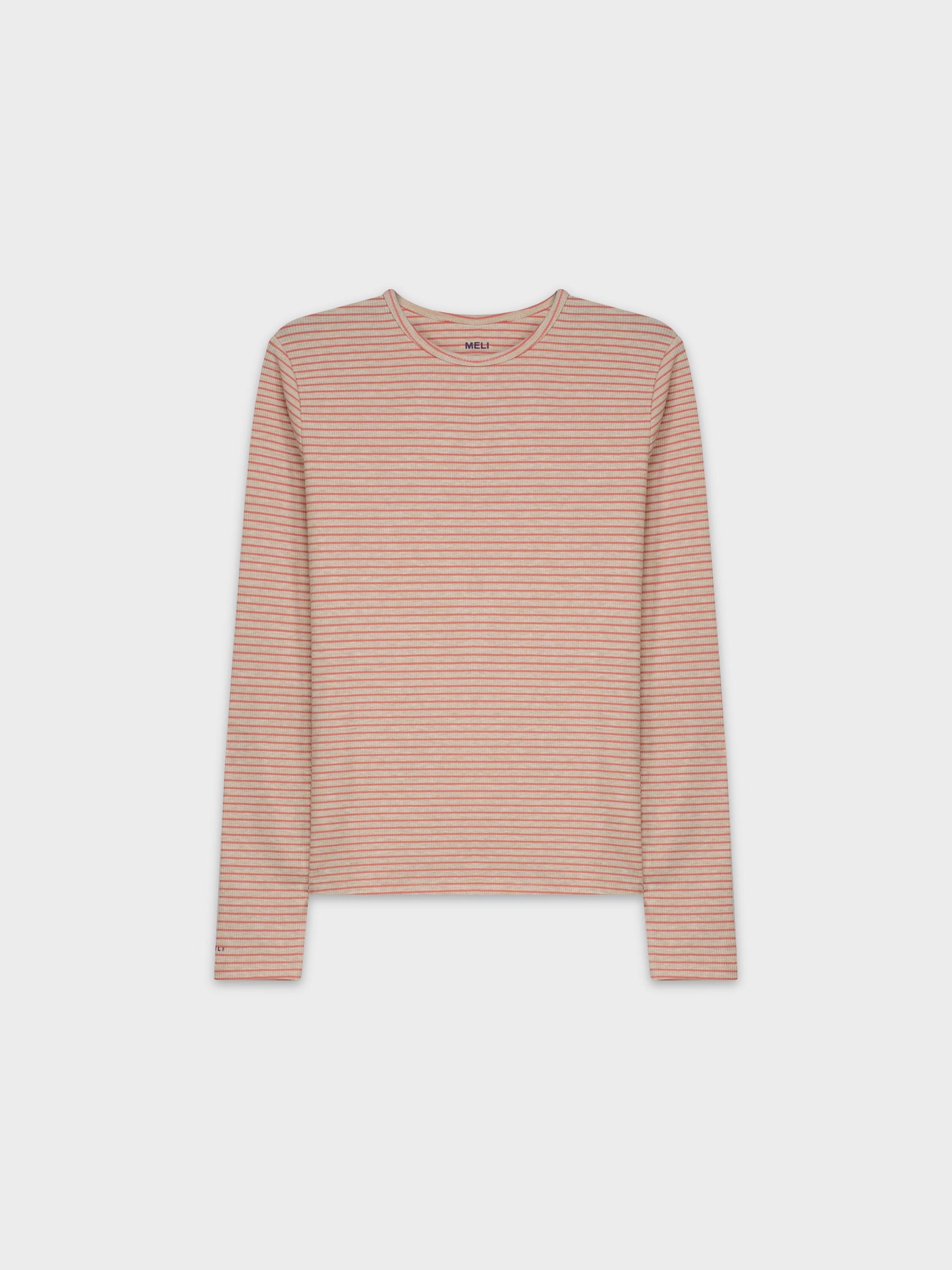 RIBBED STRIPED CREW-HEATHERED TAN/CORAL