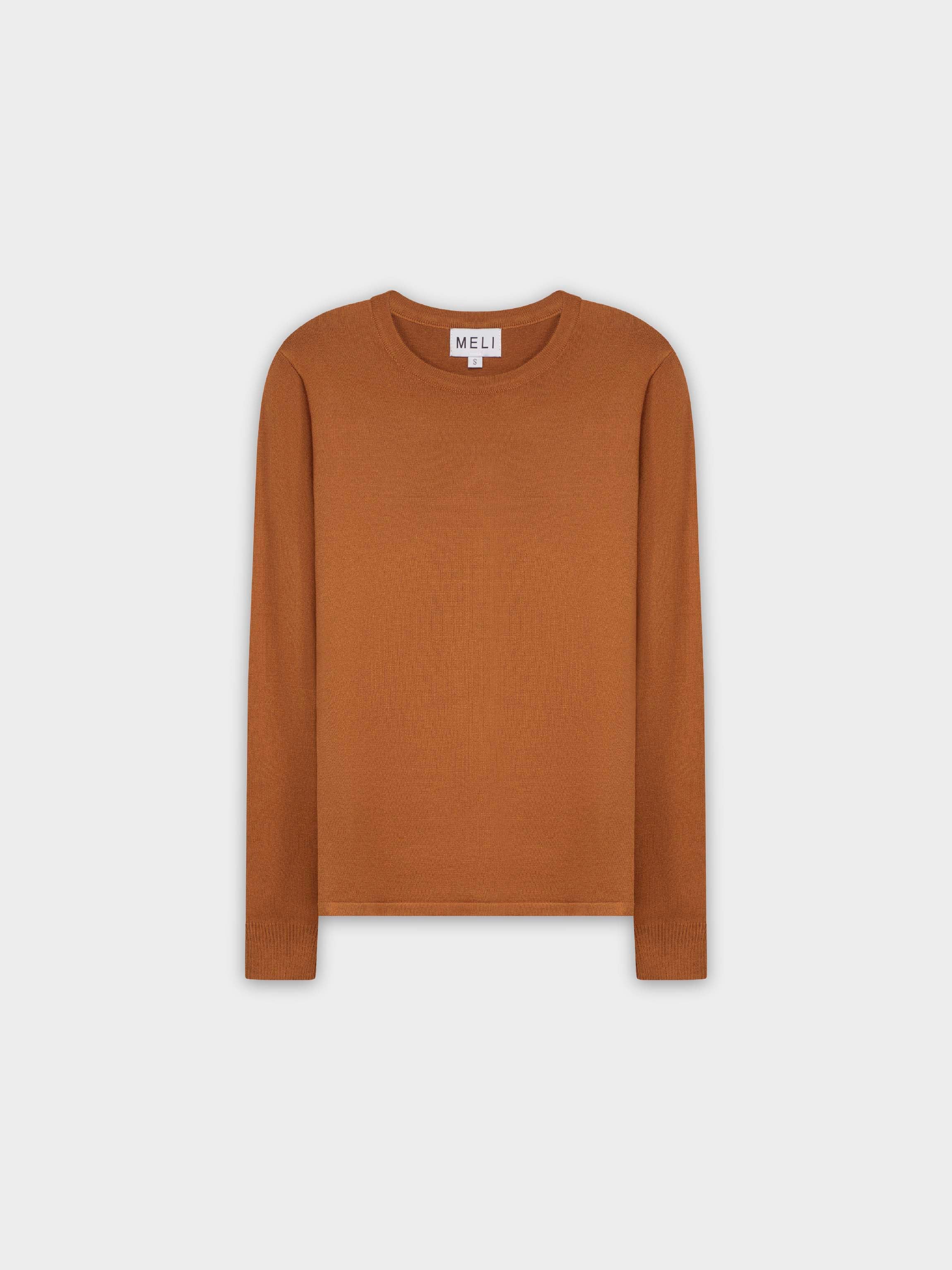 THIN KNIT CREW SWEATER-BROWN