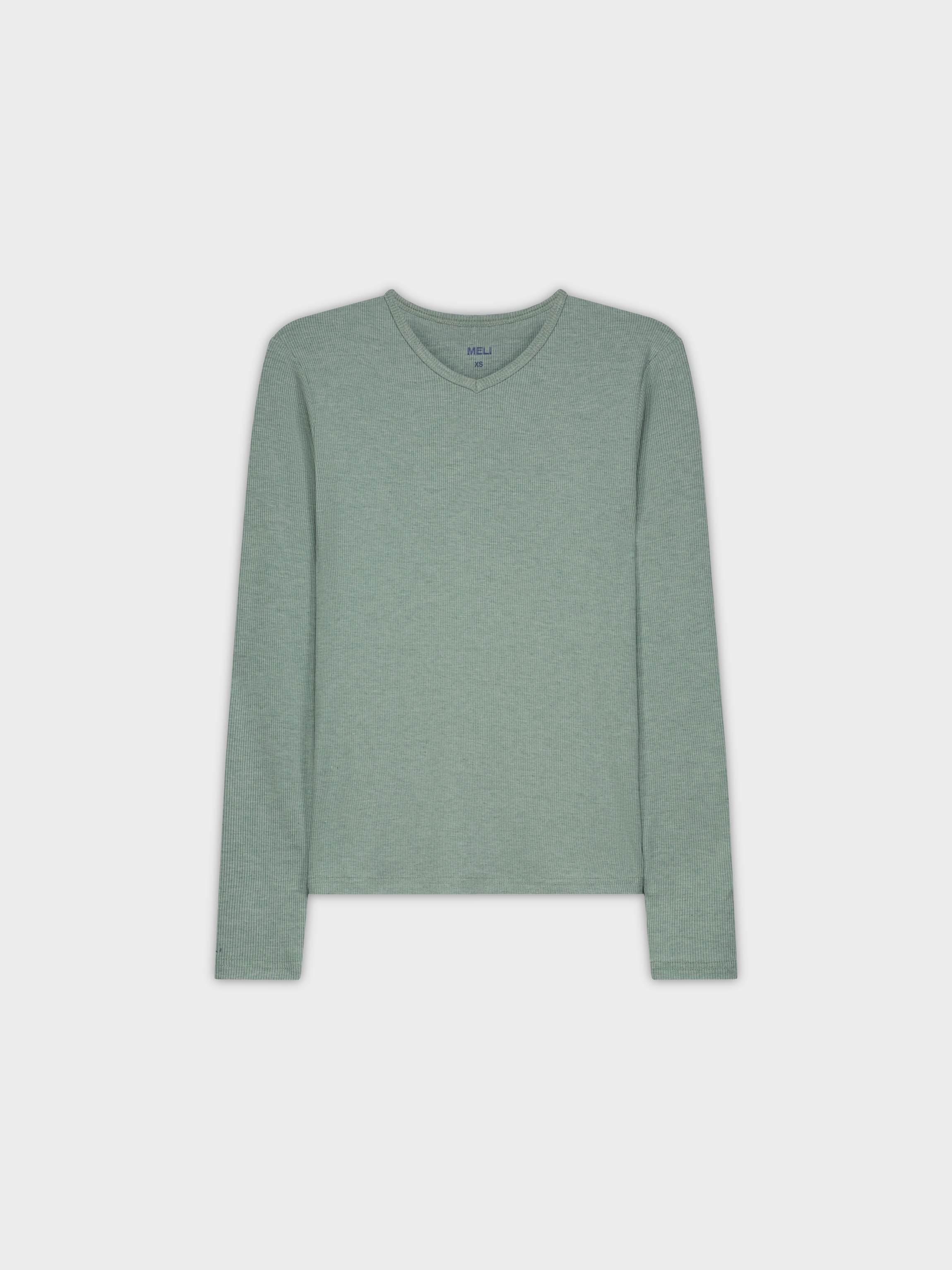 High V Ribbed Tee LS-Heathered Green