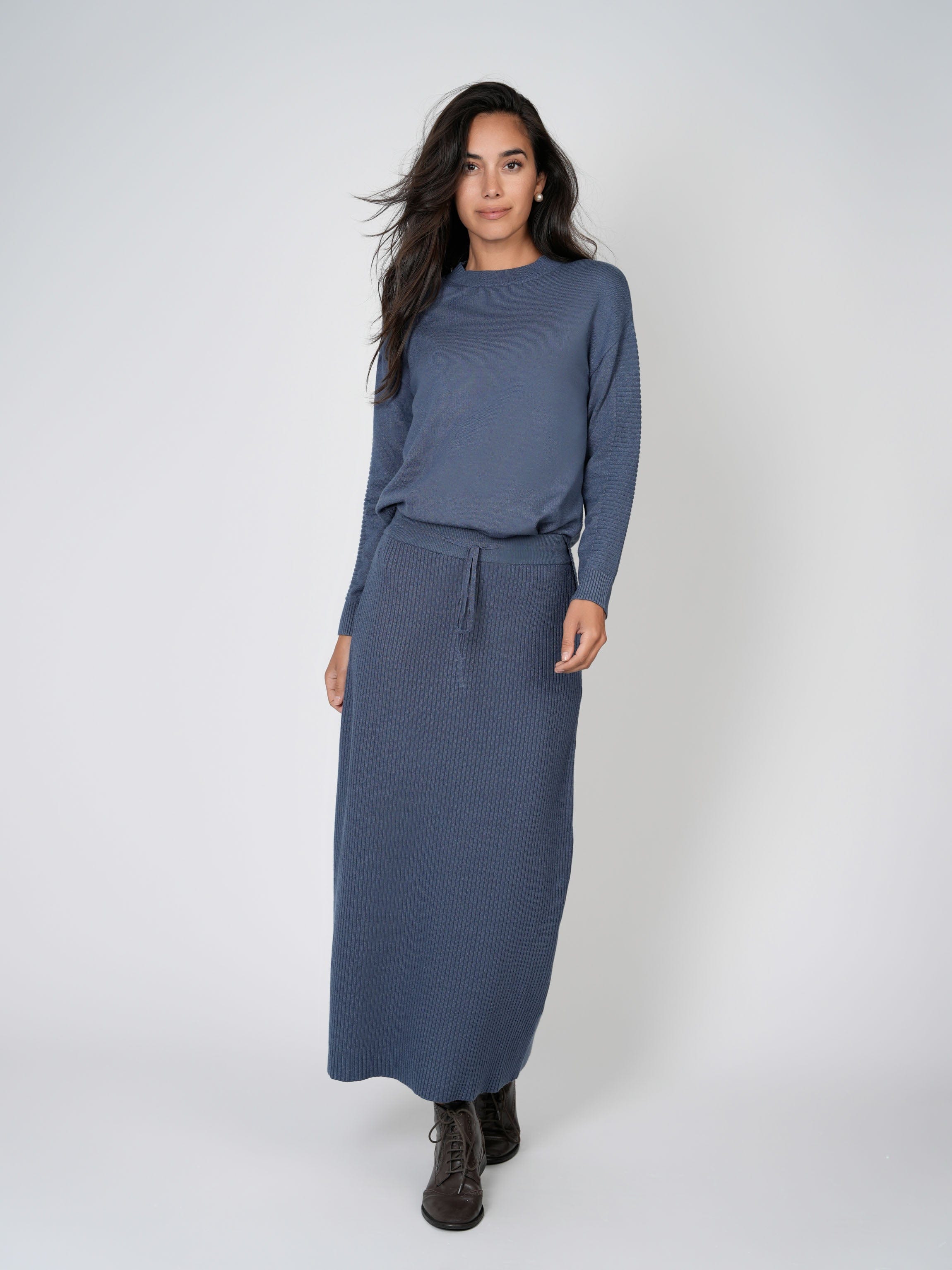 DRAWSTRING KNIT SKIRT-HEATHER BLUE