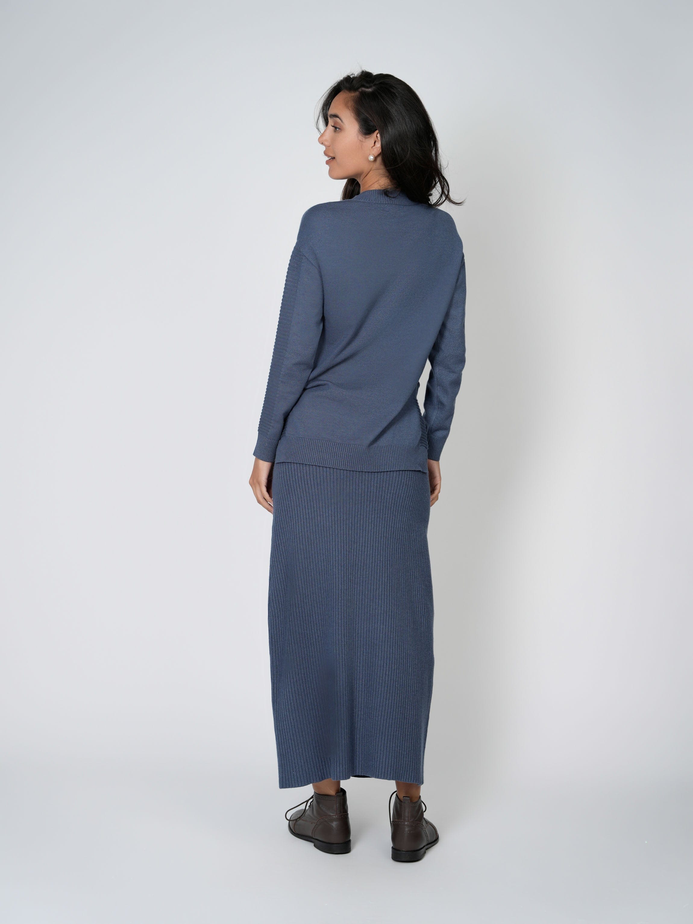 DRAWSTRING KNIT SKIRT-HEATHER BLUE