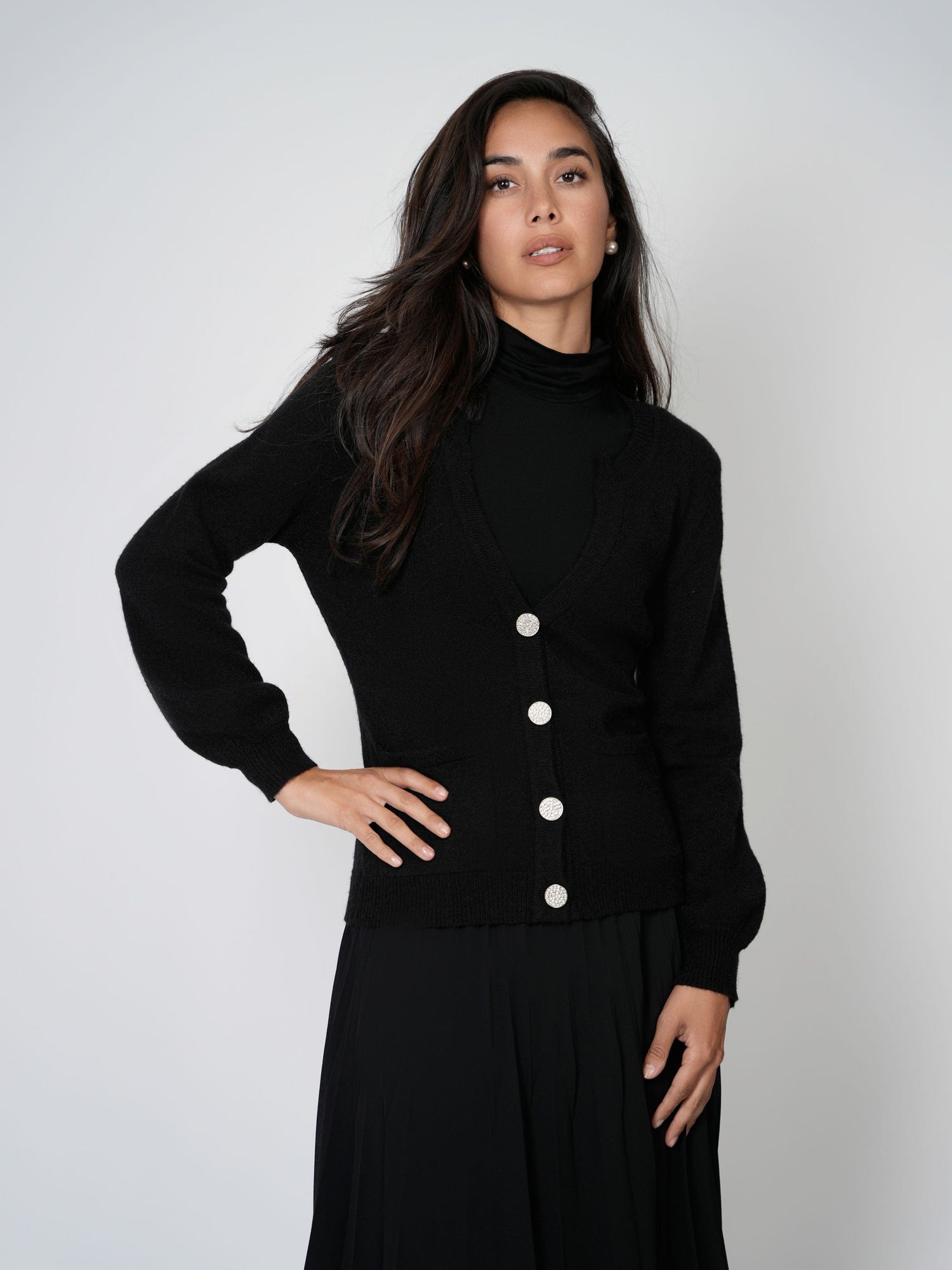 RHINESTONE BUTTON CARDIGAN-BLACK