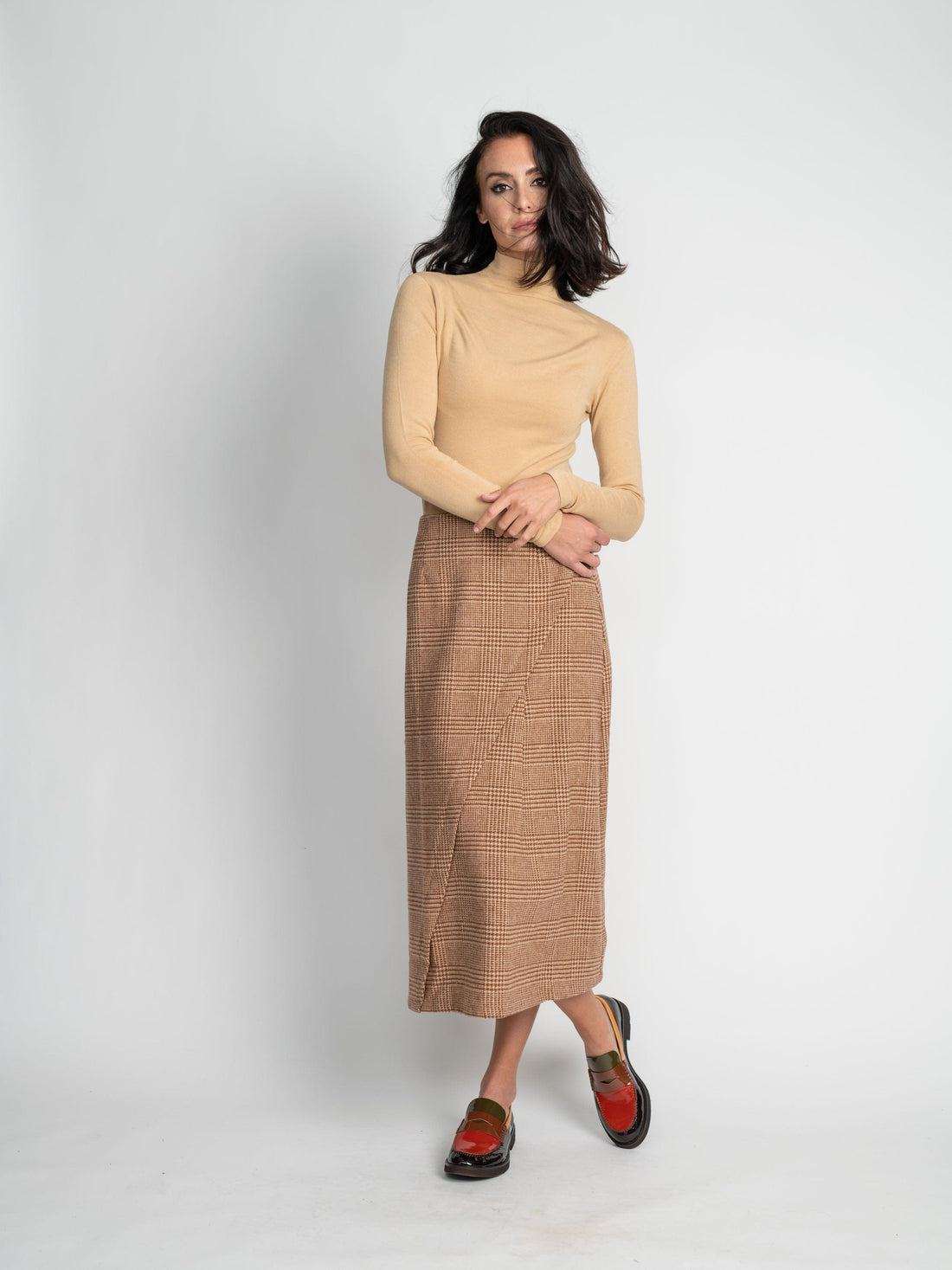 PLAID WRAP SKIRT-BROWN