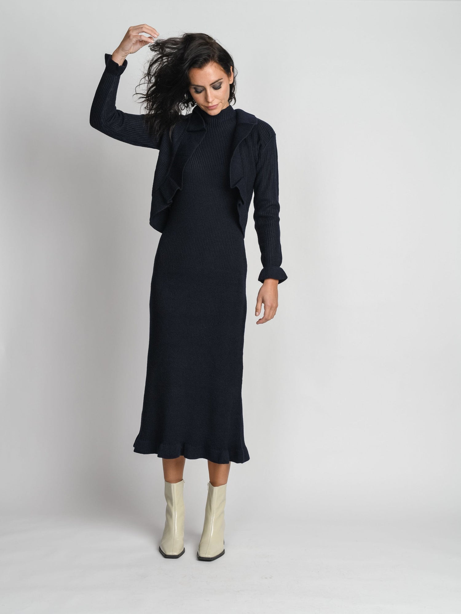 RUFFLE SHRUG DRESS-NAVY