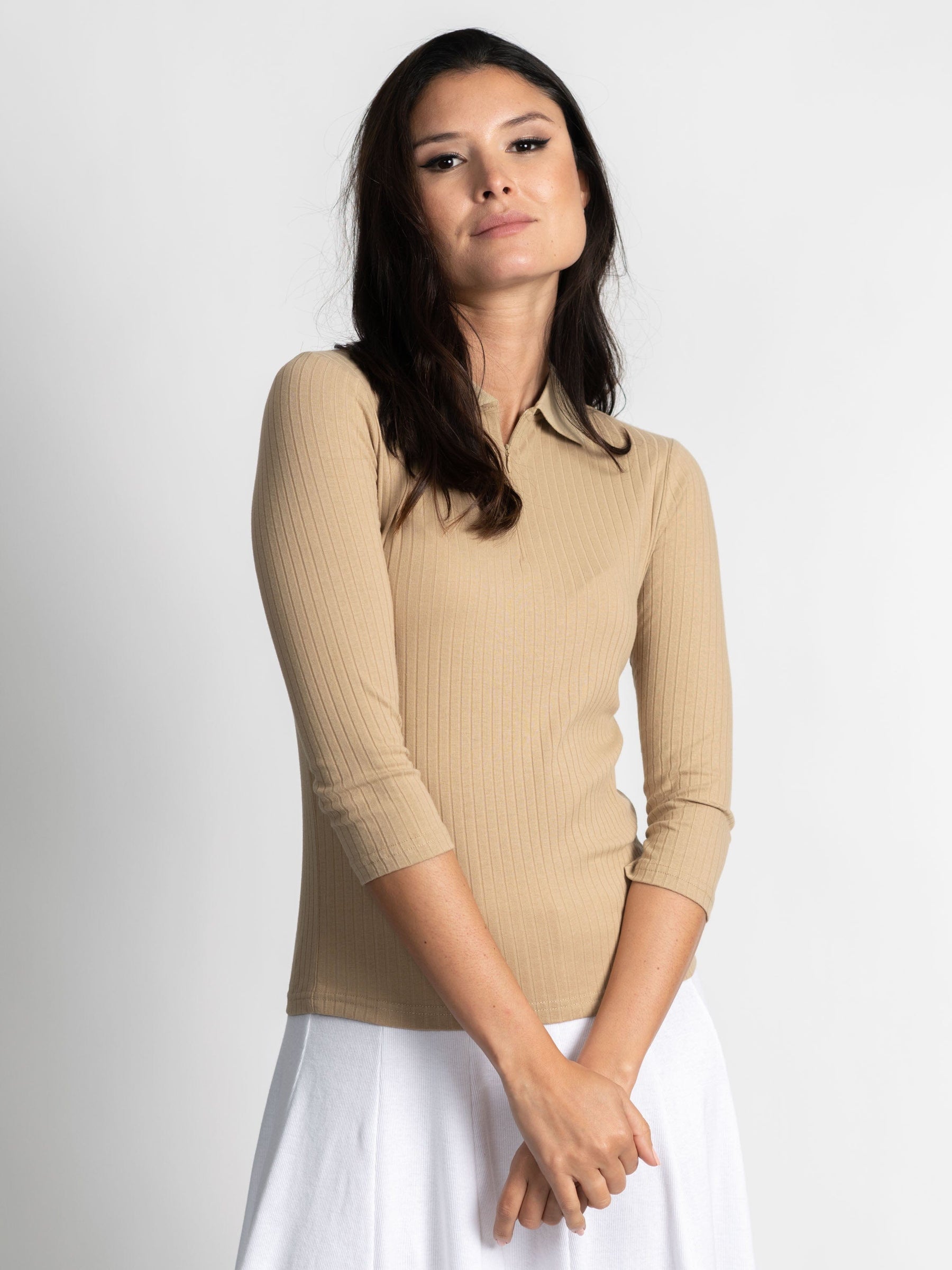 RIBBED COLLAR T-SHIRT 3/4 SLEEVE