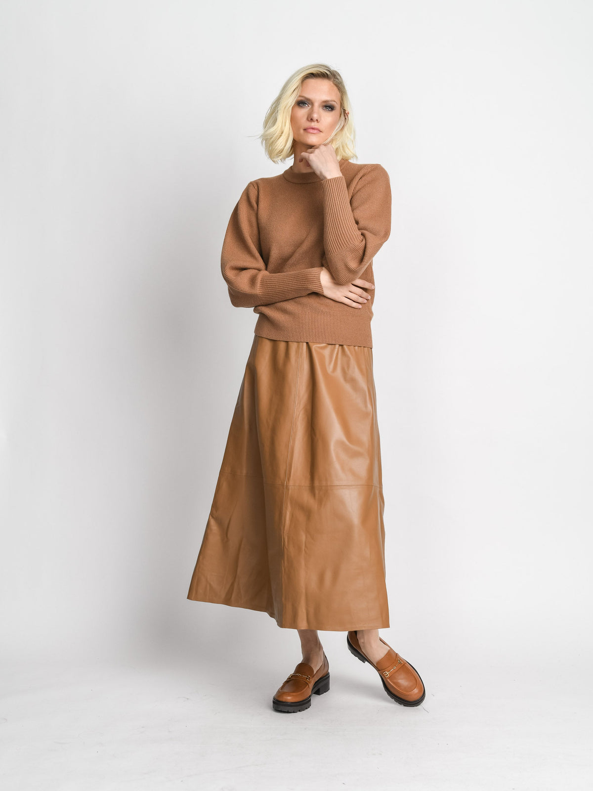 A LINE LEATHER SKIRT-TAN