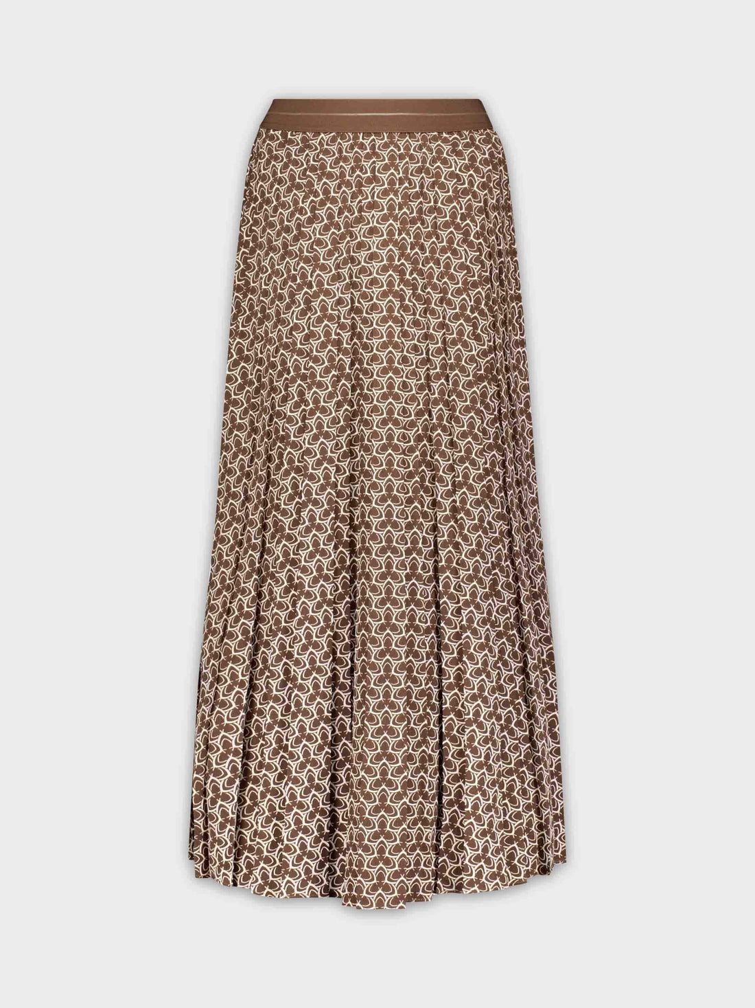 PRINTED PLEATED SKIRT 37&quot;-BROWN GEOMETRIC