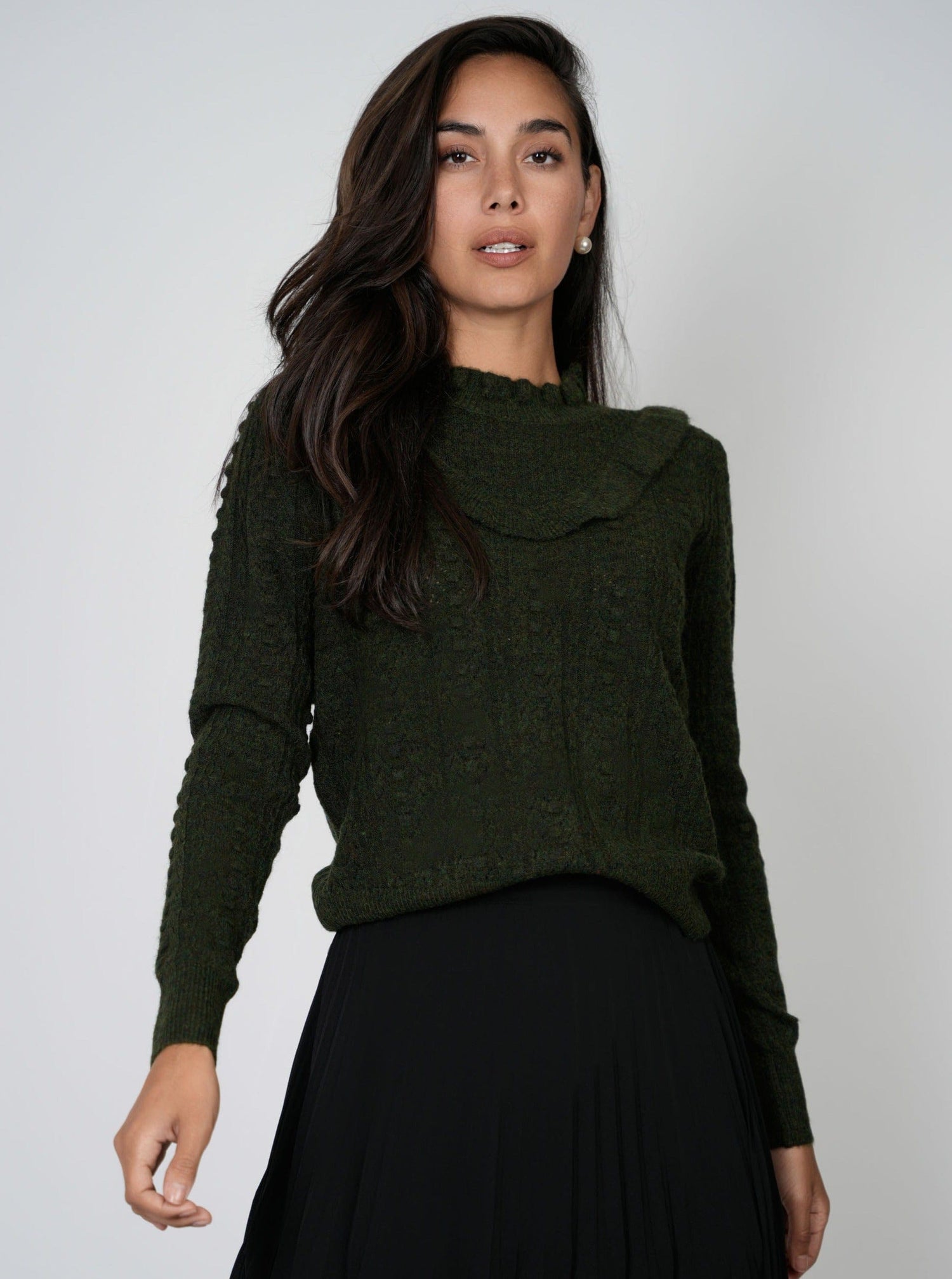 RUFFLE POINTELLE SWEATER-GREEN