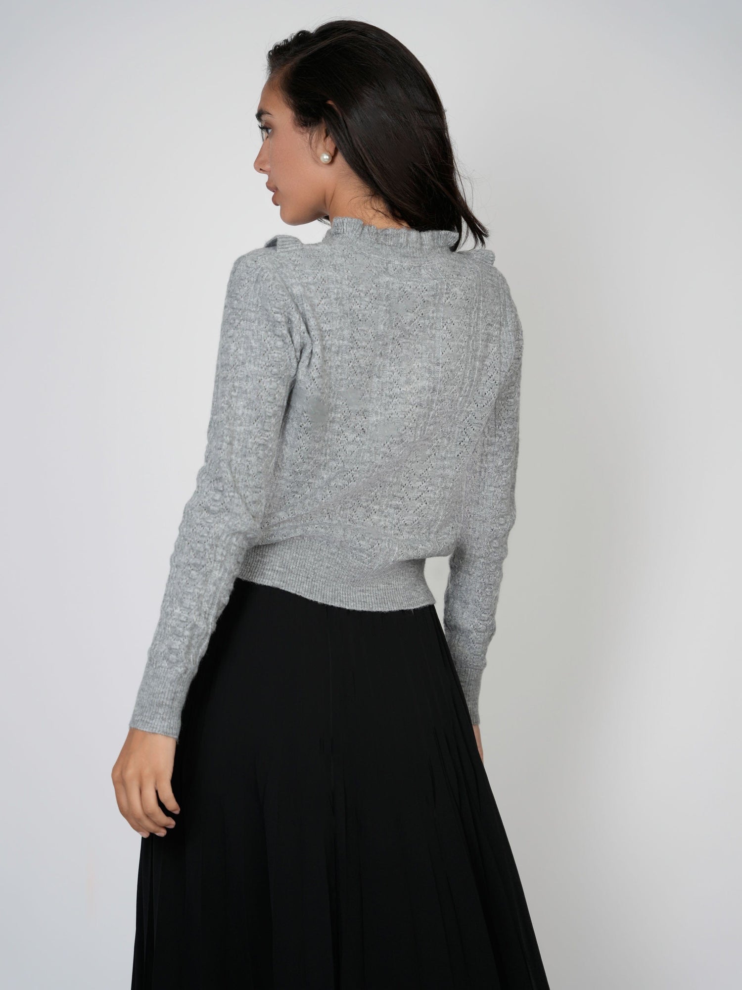 RUFFLE POINTELLE SWEATER-GREY