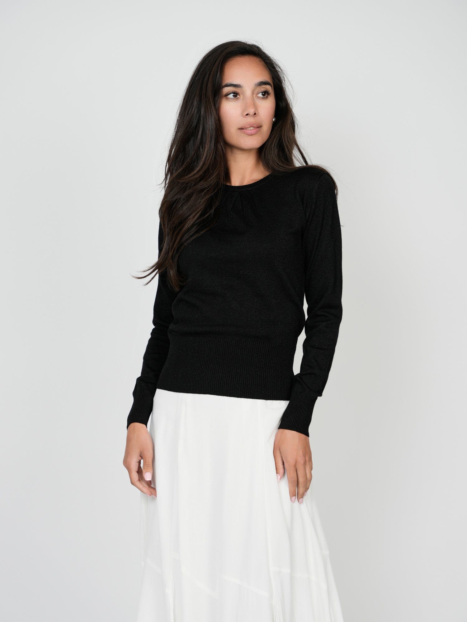 LUREX PLEAT NECK SWEATER-BLACK