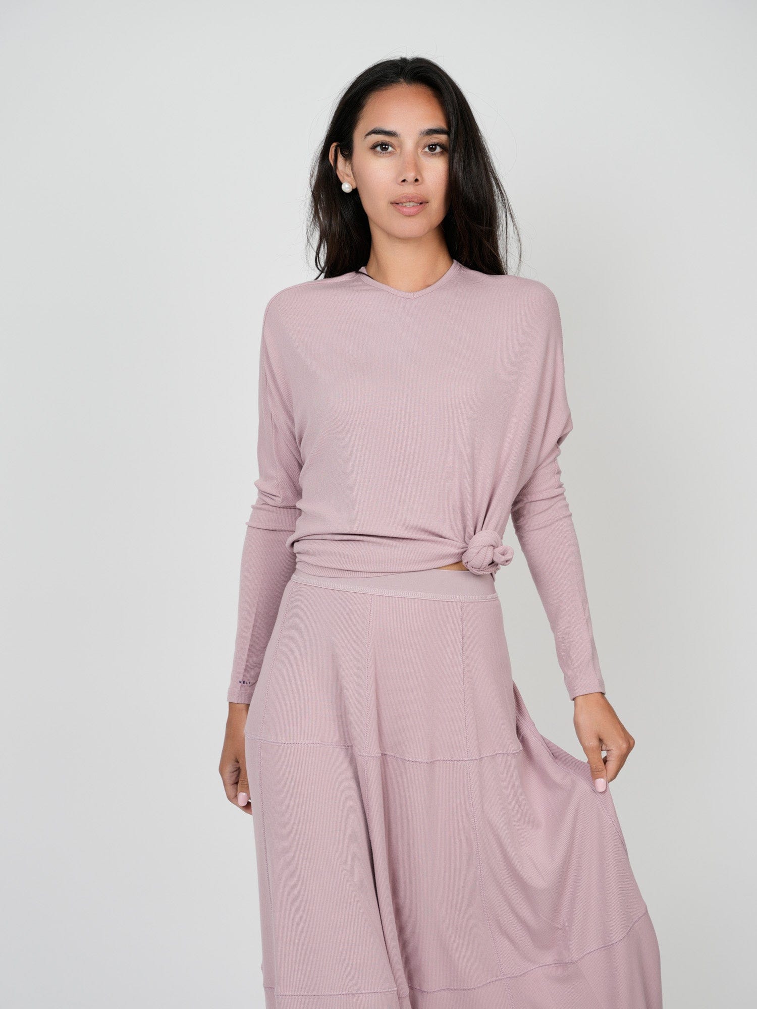 RIBBED SEAMED T-SHIRT SKIRT-MAUVE