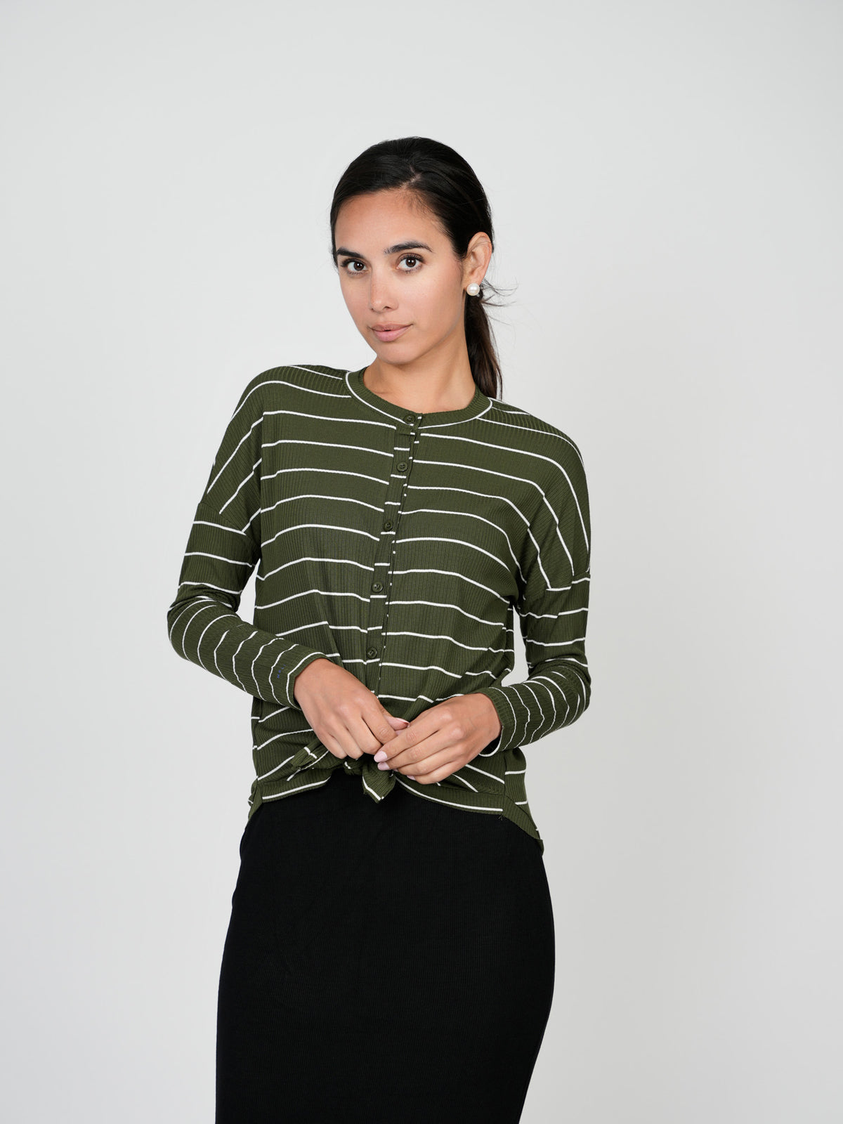 BUTTON DOWN RIBBED T-SHIRT - GREEN/WHITE