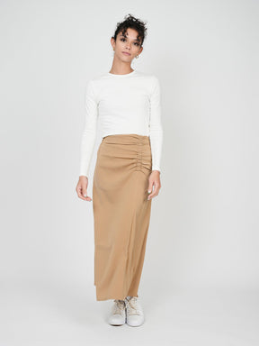 SIDE RUCHED SKIRT-TAN