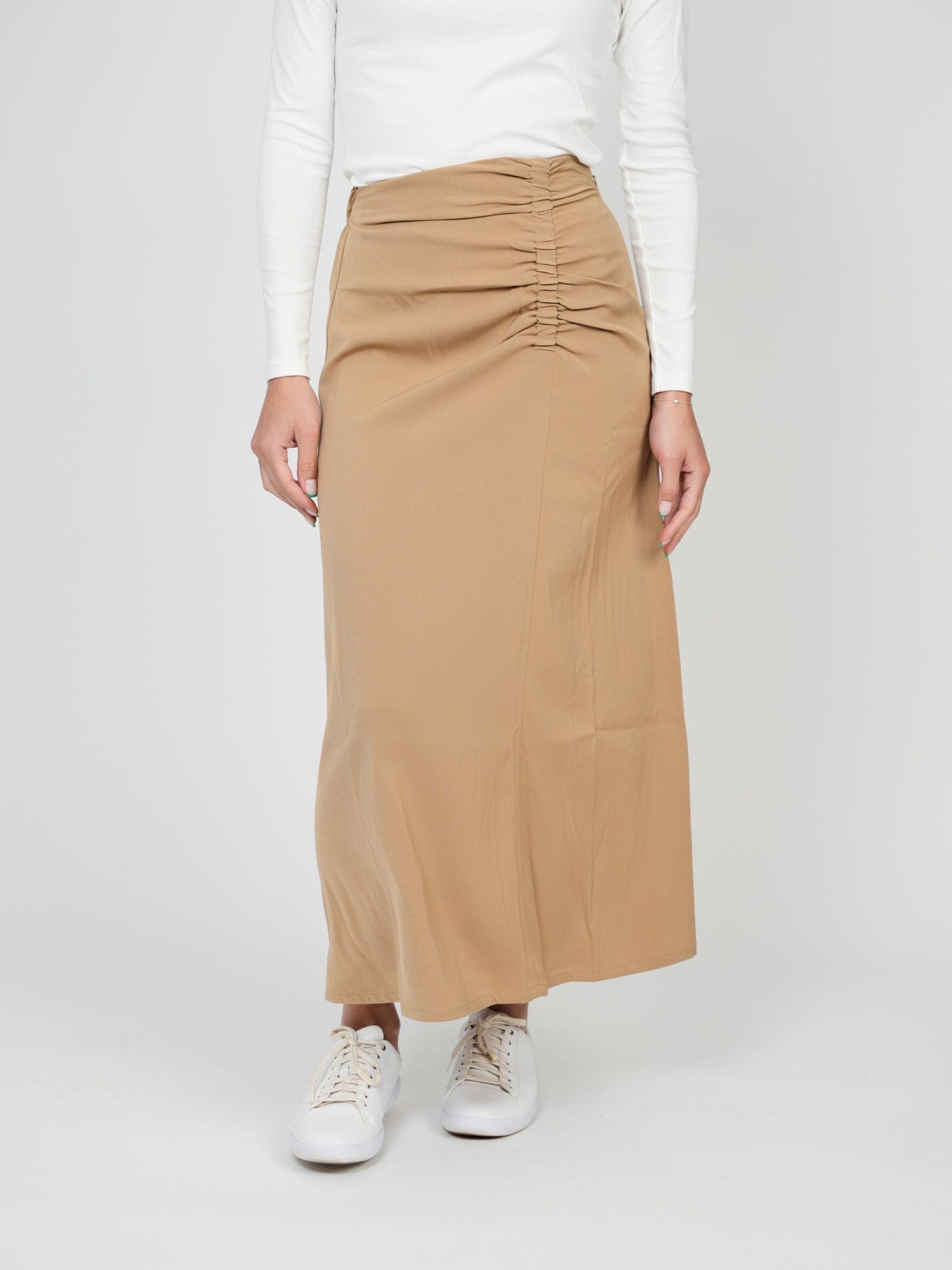 SIDE RUCHED SKIRT-TAN