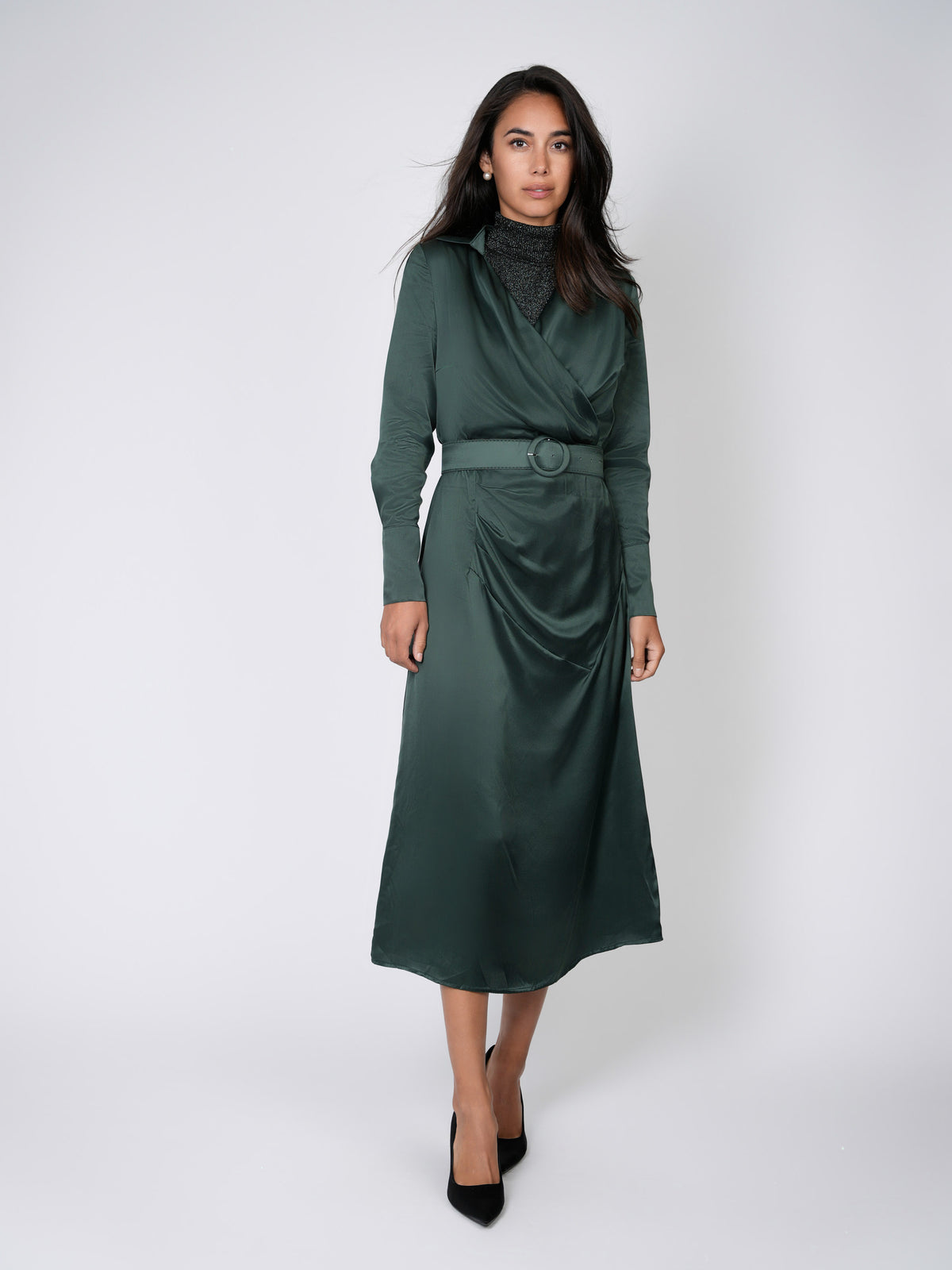 BELTED WRAP TOP DRESS-GREEN