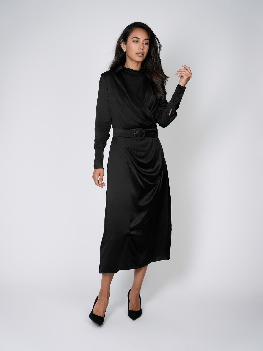 BELTED WRAP TOP DRESS-BLACK