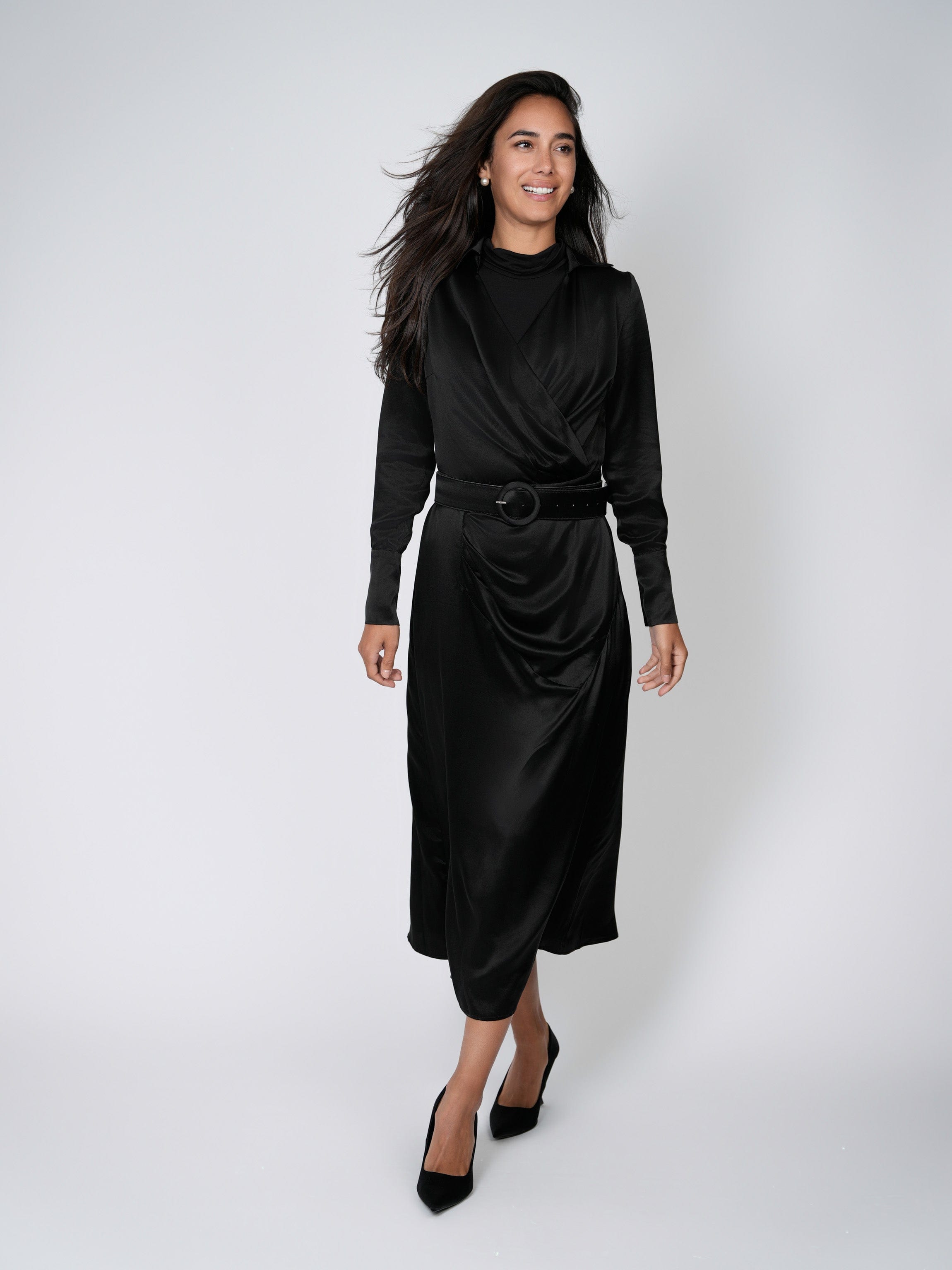 BELTED WRAP TOP DRESS-BLACK